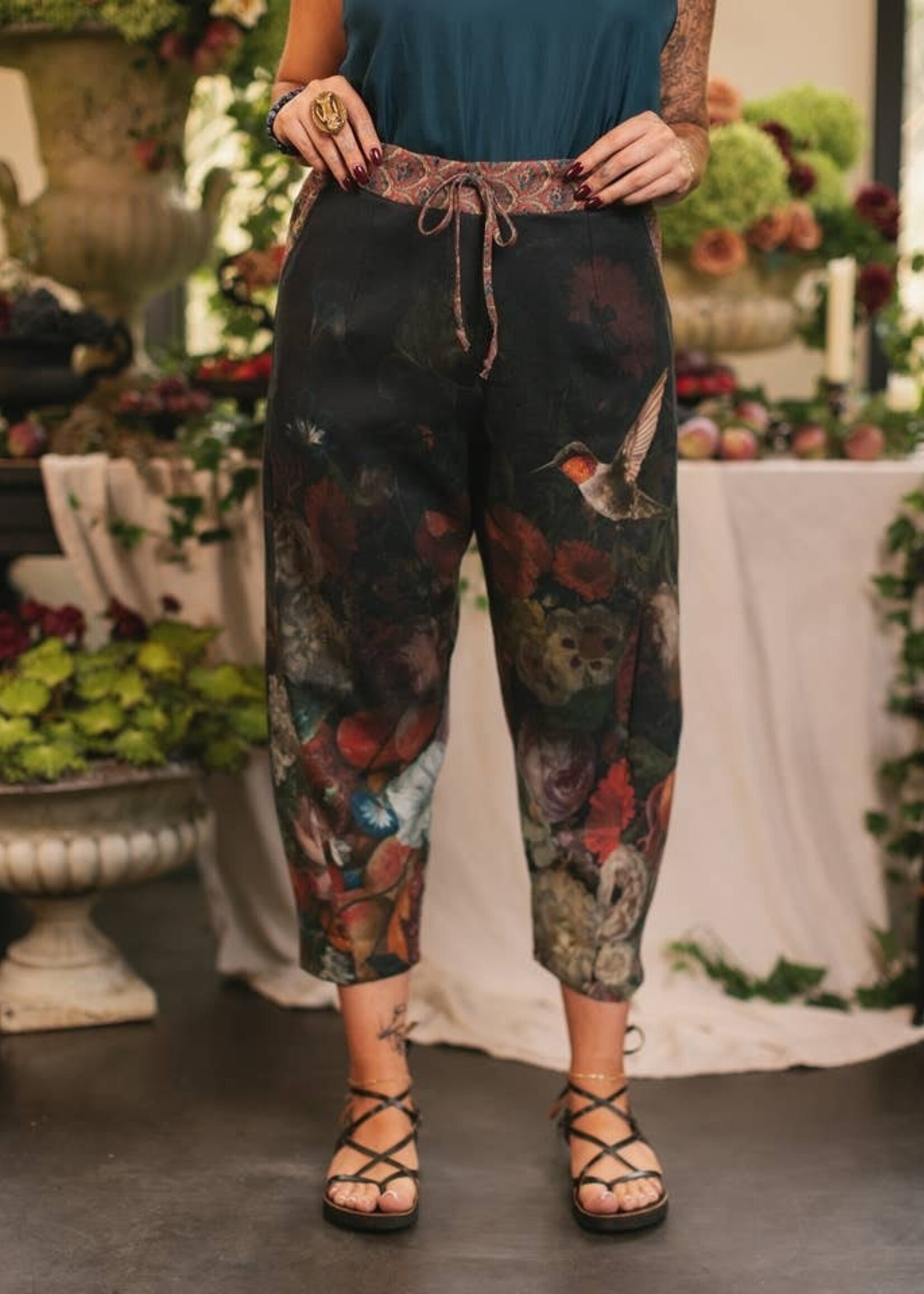 Market of Stars Flight of Fancy Linen Cropped Artist Pants w/ Hummingbird