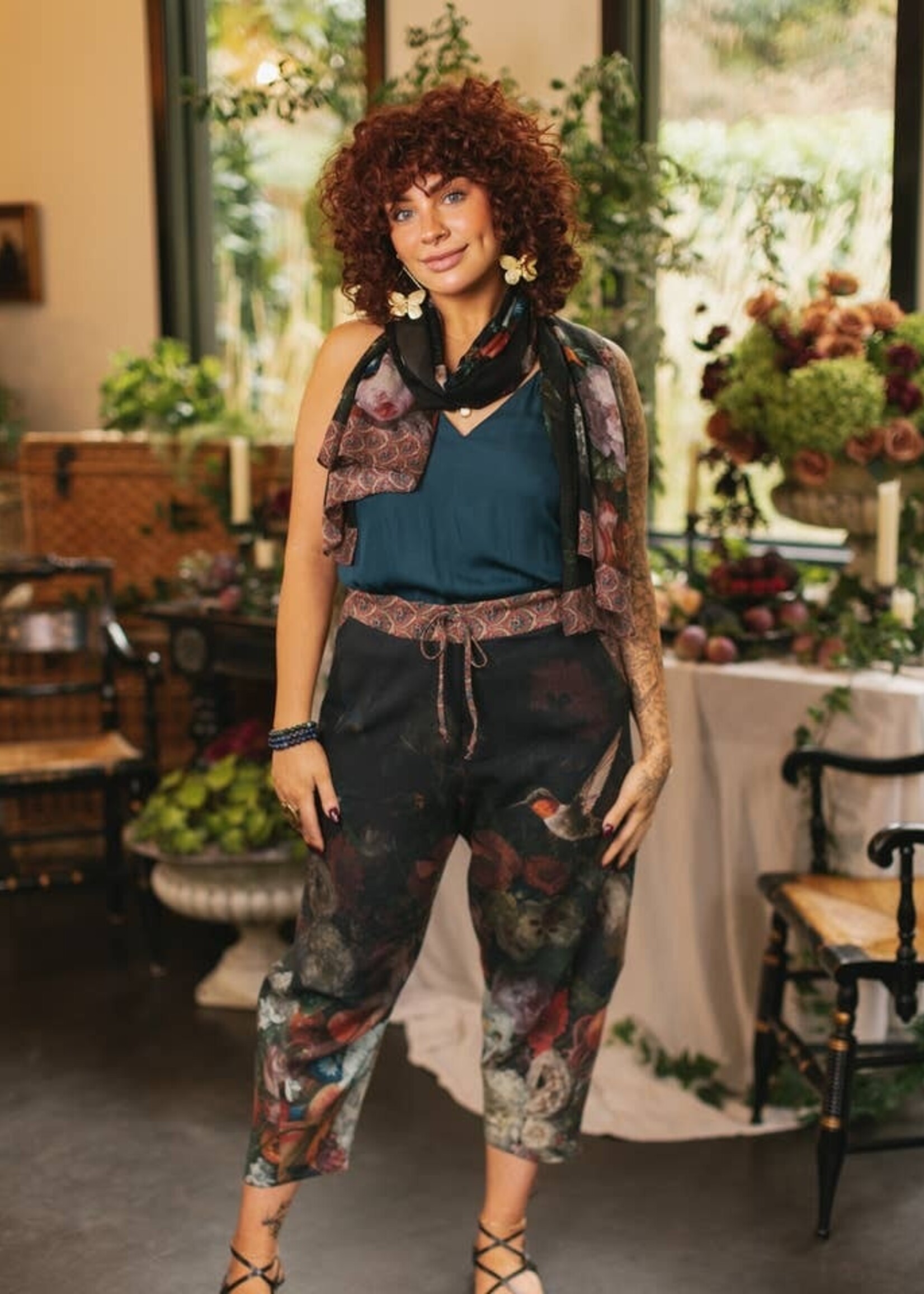 Market of Stars Flight of Fancy Linen Cropped Artist Pants w/ Hummingbird