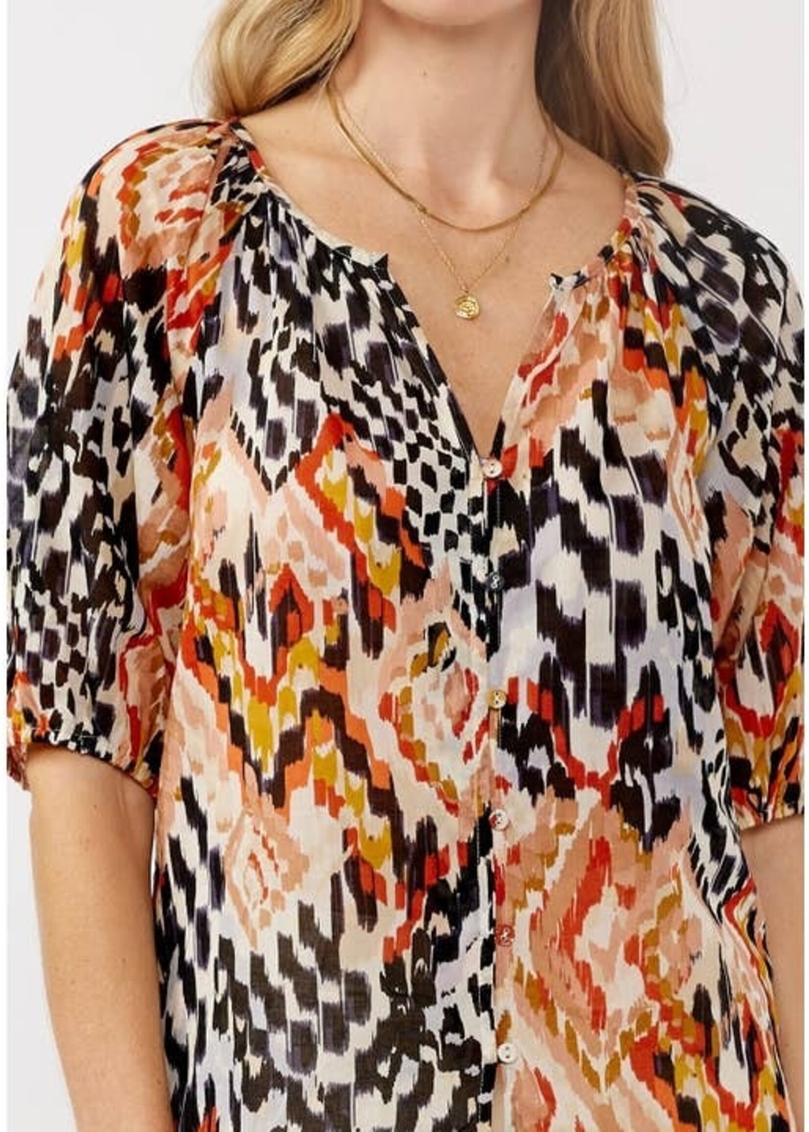 Lovestitch Ikat Puff Sleeve Button Down Top