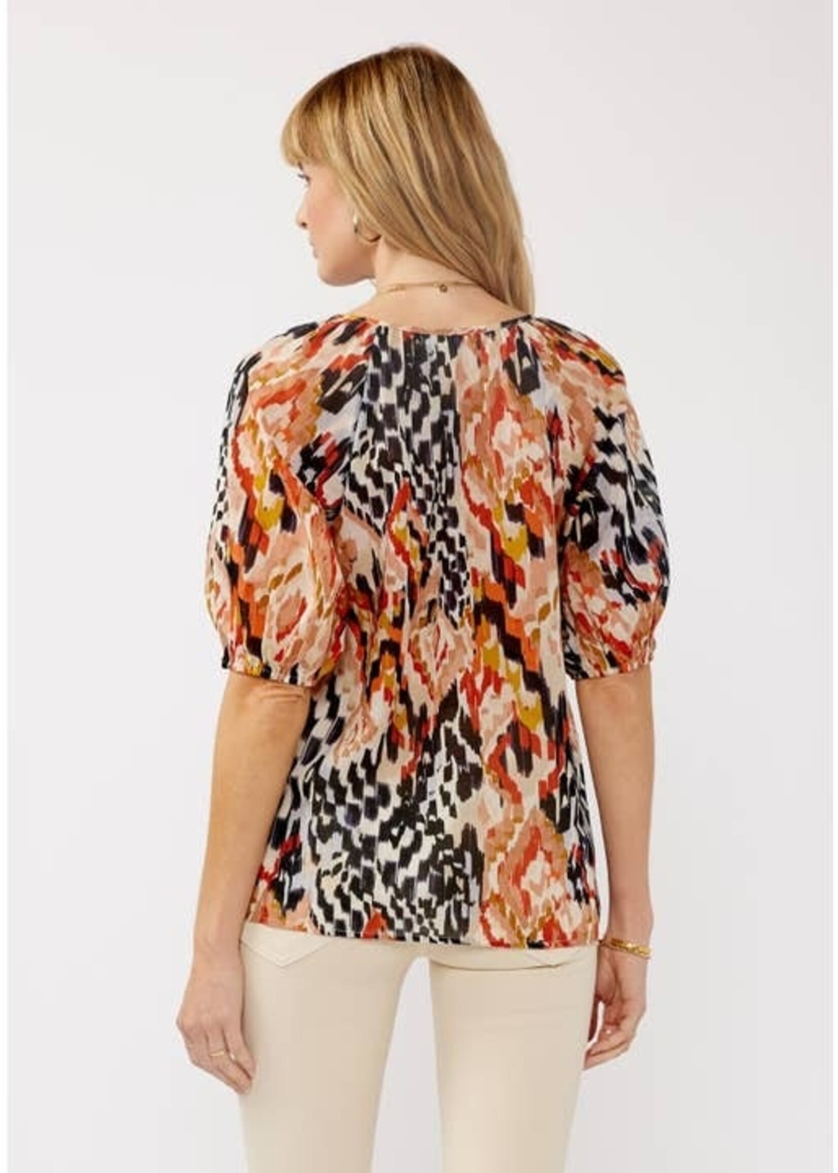 Lovestitch Ikat Puff Sleeve Button Down Top