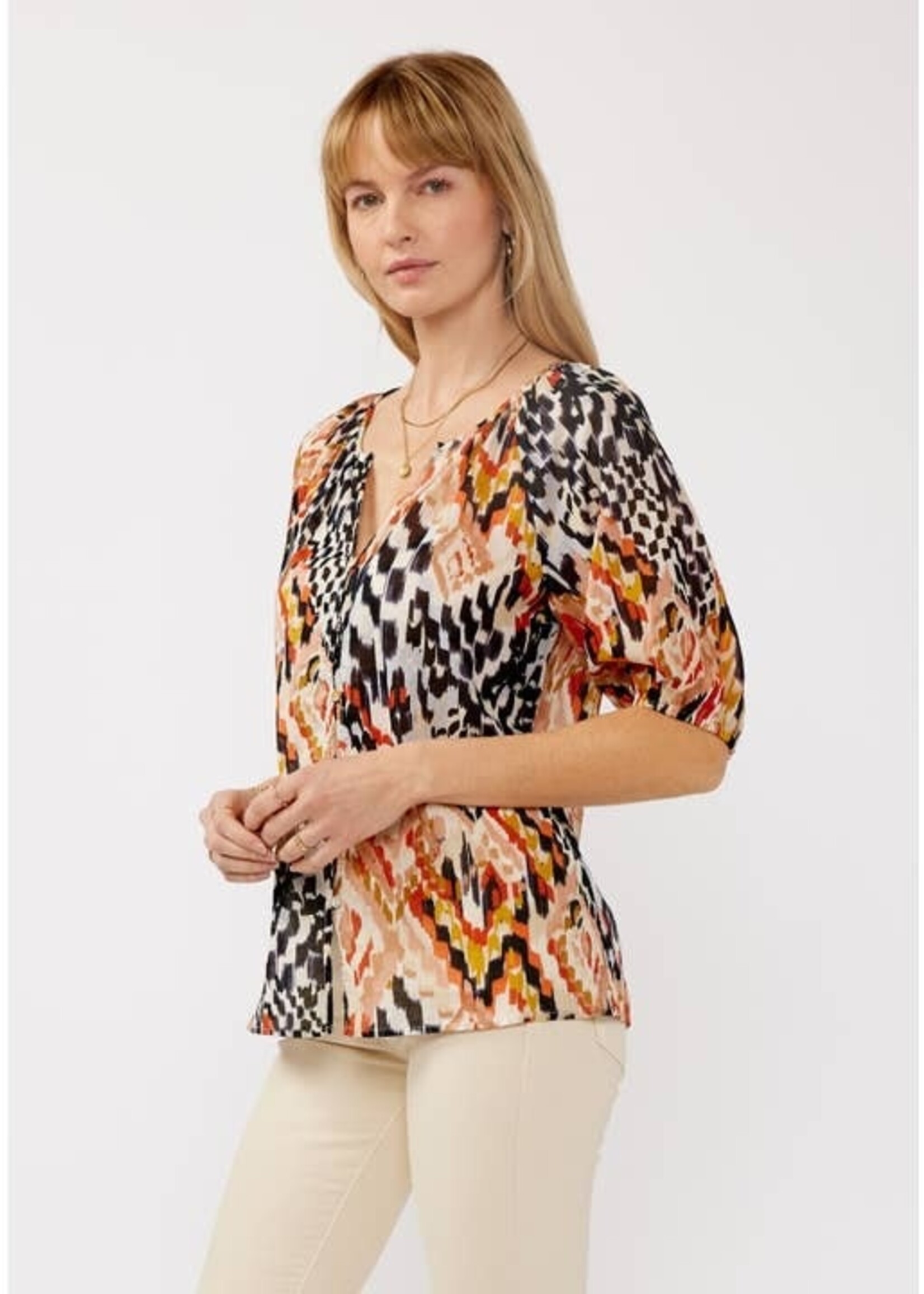Lovestitch Ikat Puff Sleeve Button Down Top