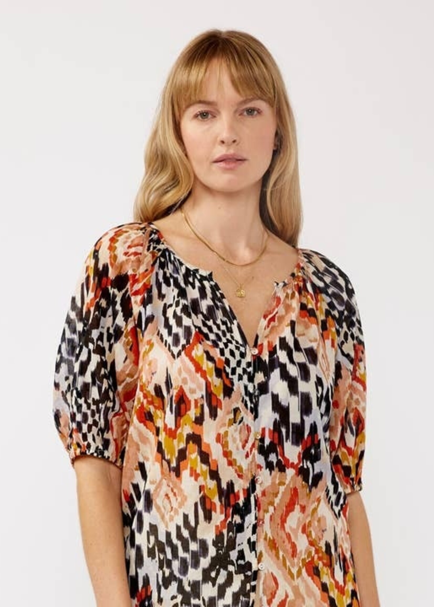 Lovestitch Ikat Puff Sleeve Button Down Top
