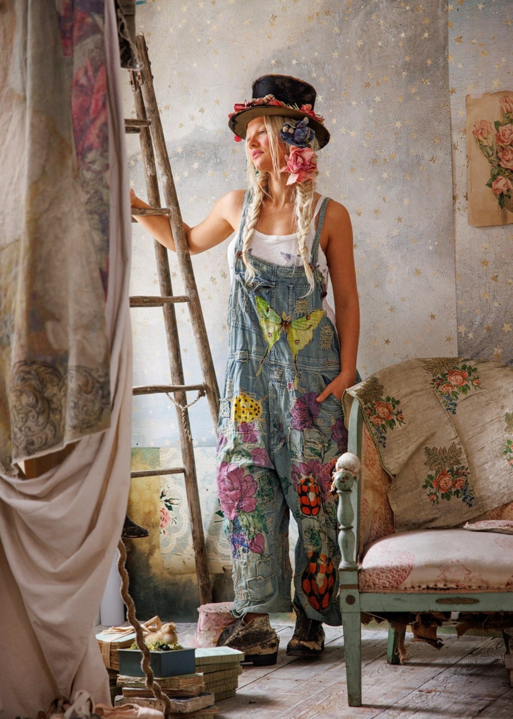 Magnolia Pearl Night Garden Benjamin Wide Leg Overalls 149 Washed Indigo One Size