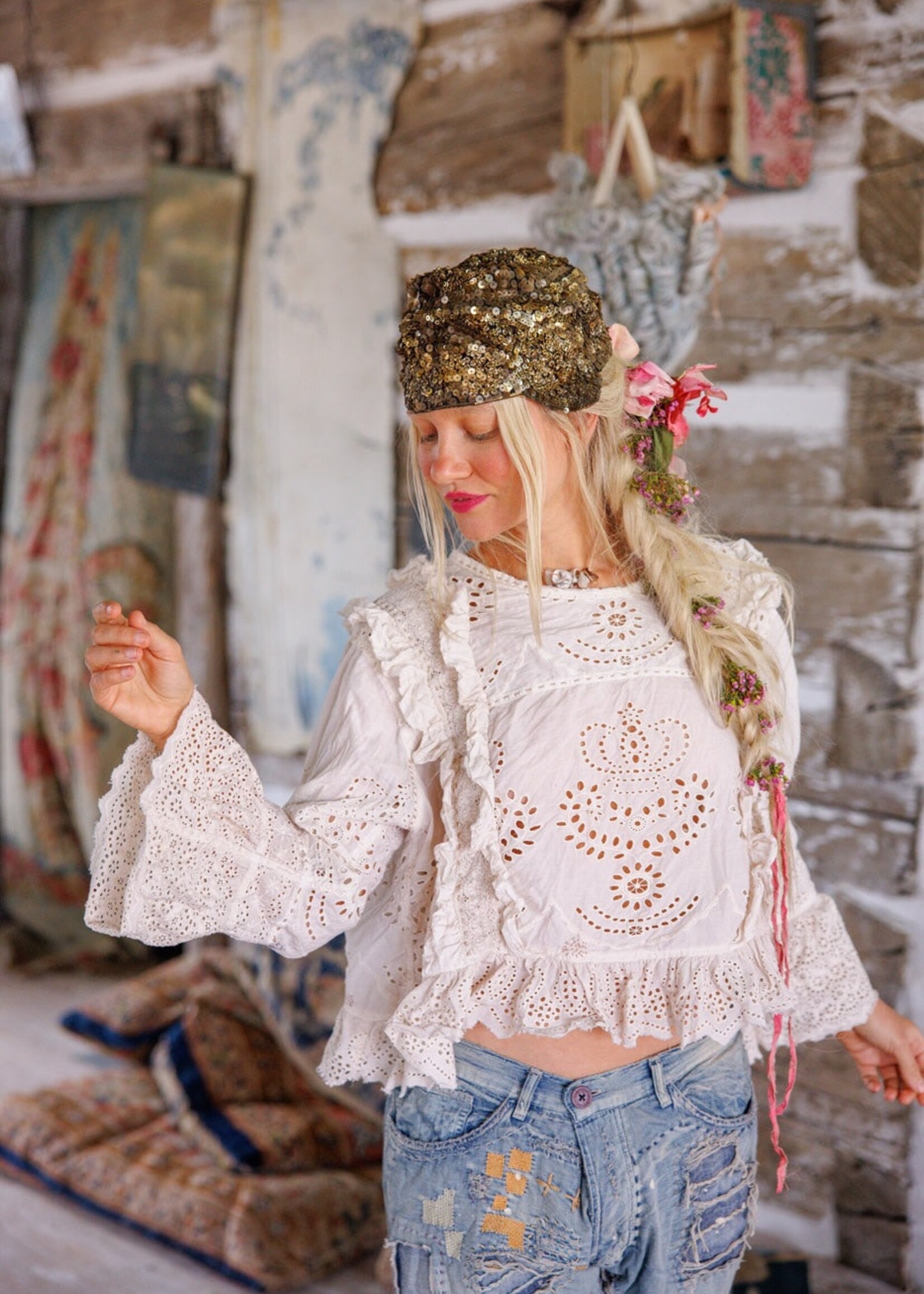 Magnolia Pearl Hermione Eyelet Blouse Top 2194 Moonlight One Size