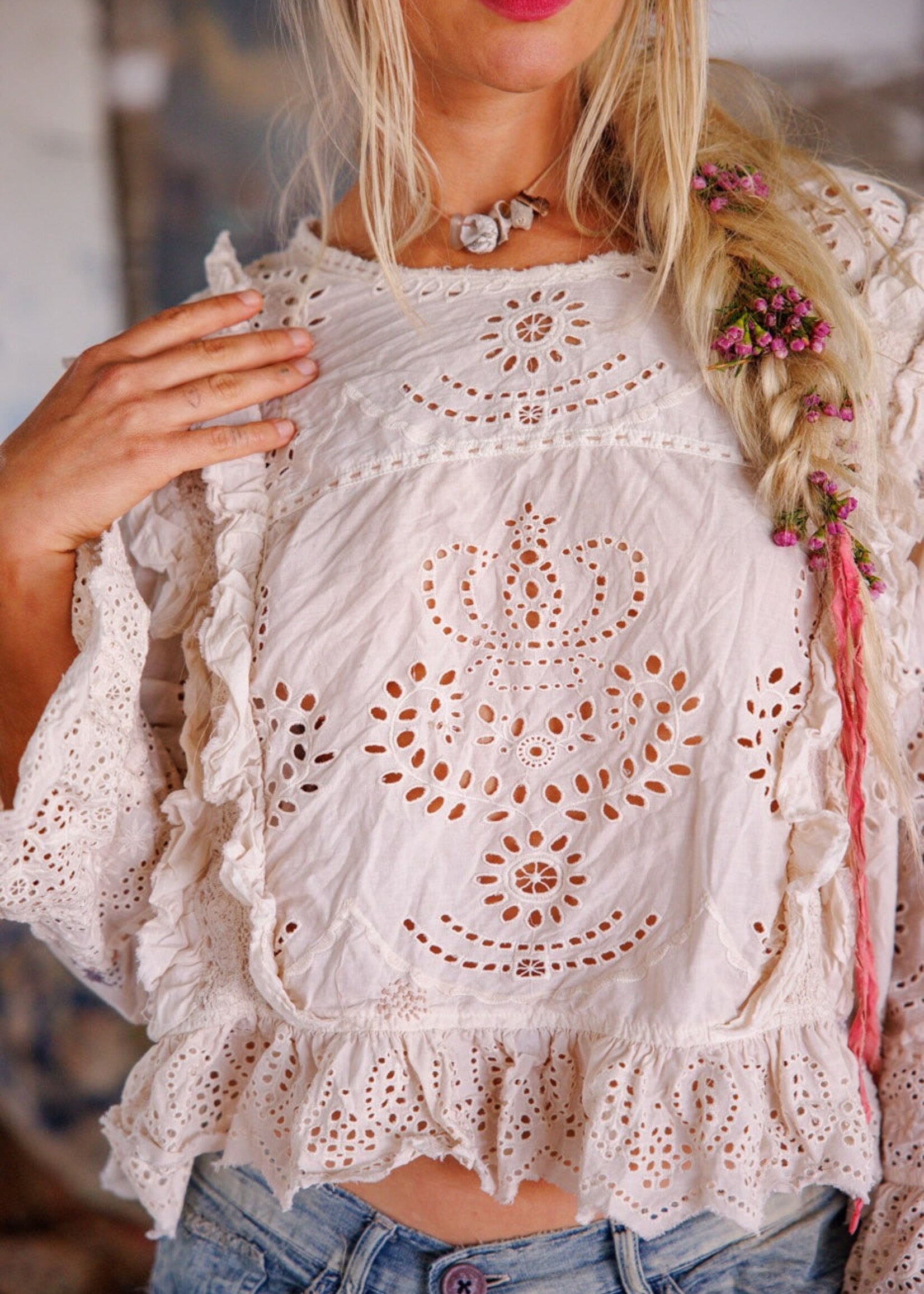 Magnolia Pearl Hermione Eyelet Blouse Top 2194 Moonlight One Size