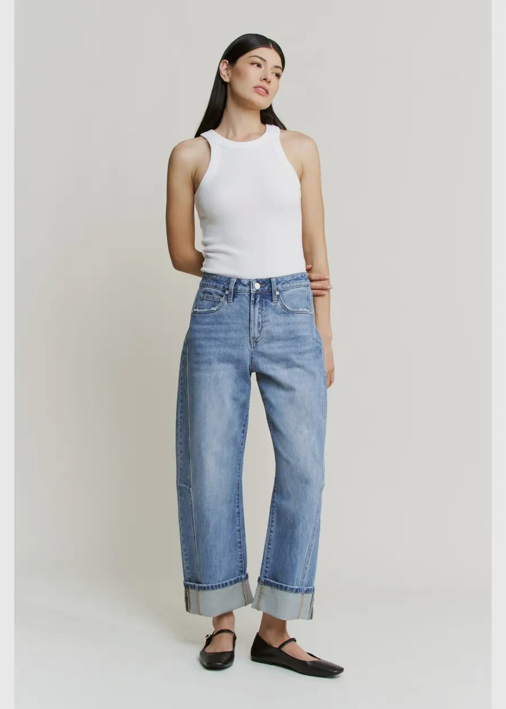 Mica Denim High Rise Barrel Jean Cuffed Hem Dusty Sky