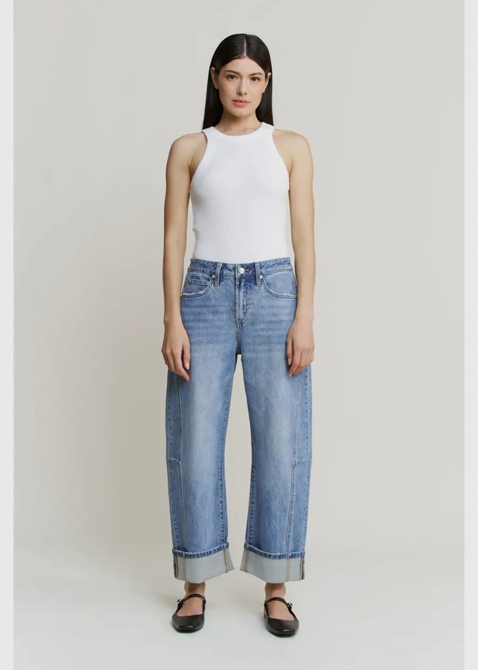 Mica Denim High Rise Barrel Jean Cuffed Hem Dusty Sky