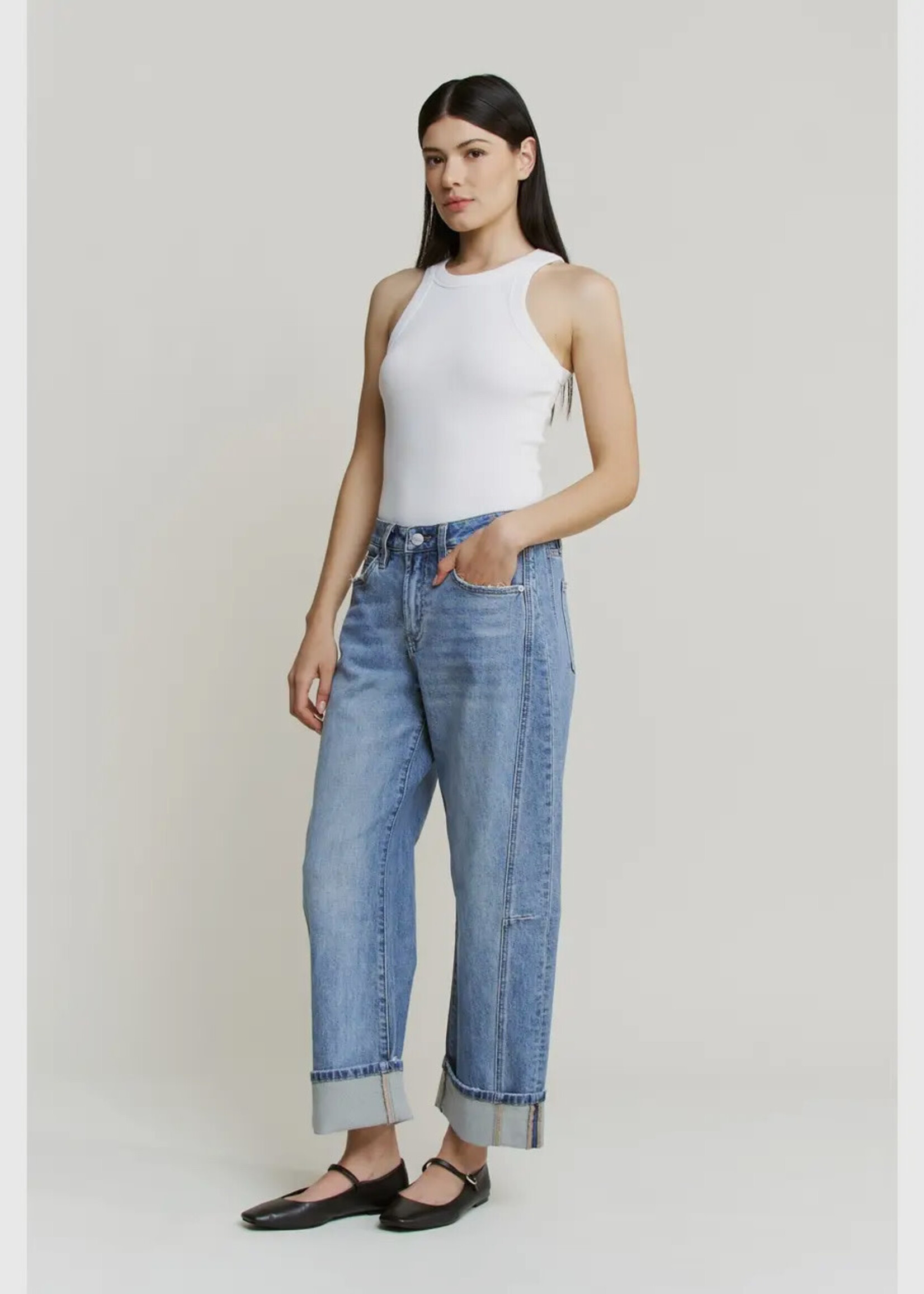 Mica Denim High Rise Barrel Jean Cuffed Hem Dusty Sky