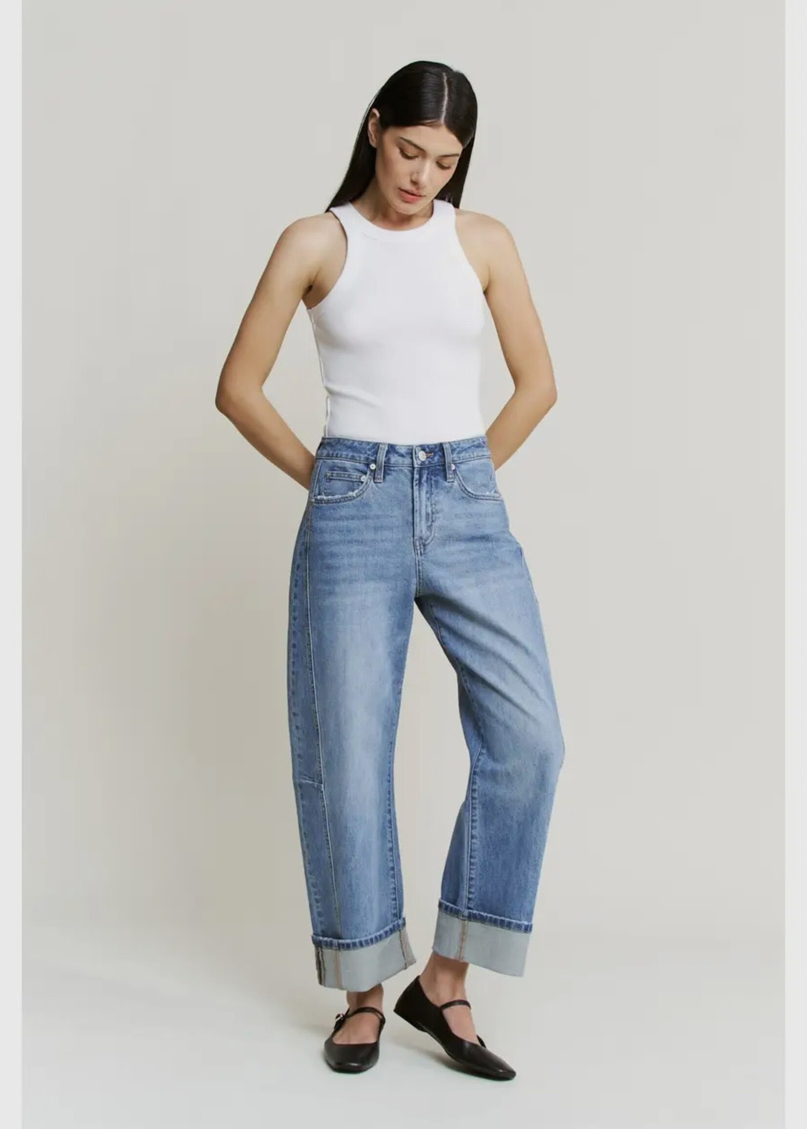 Mica Denim High Rise Barrel Jean Cuffed Hem Dusty Sky