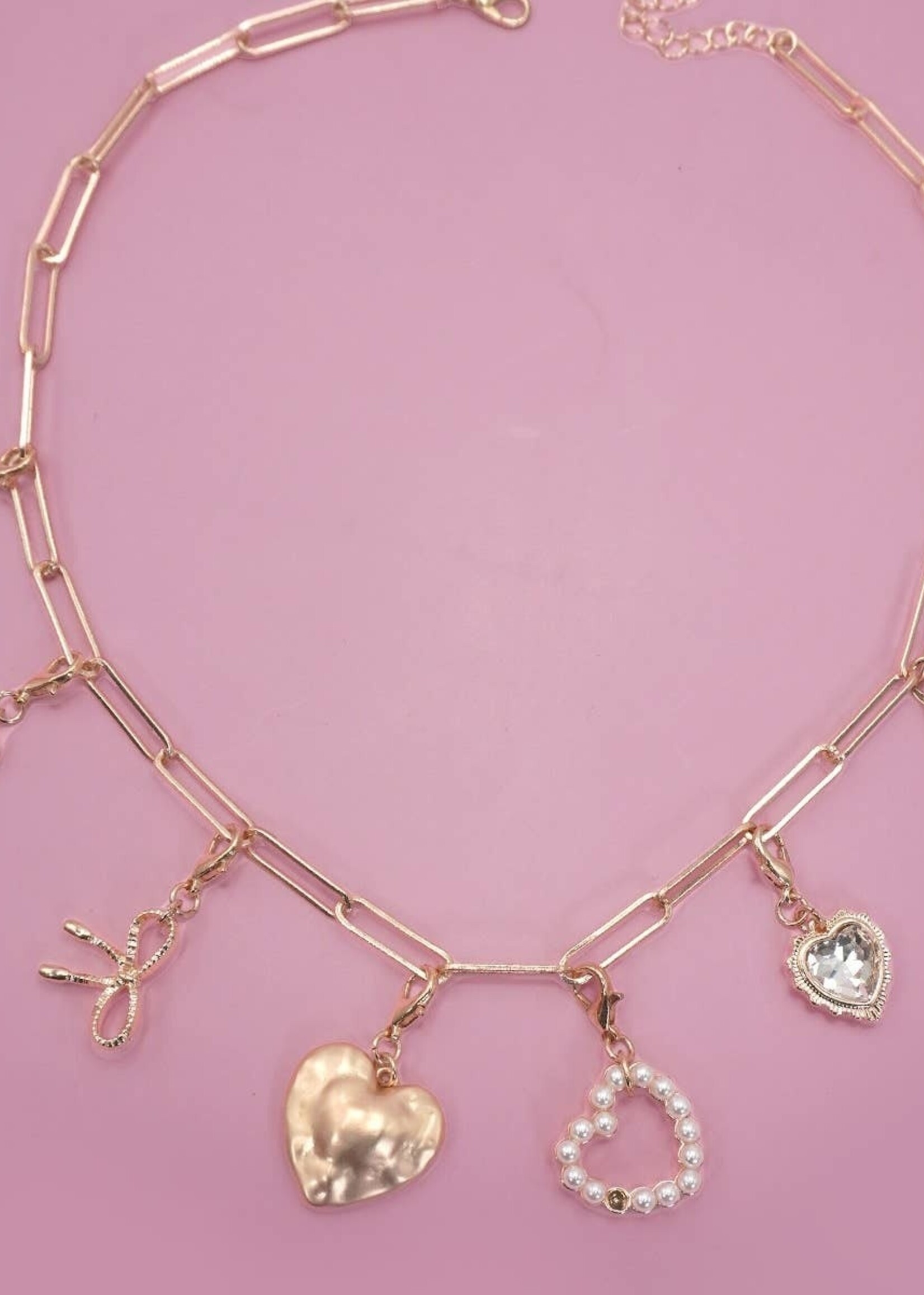 Bow Heart Pearl Charm Necklace