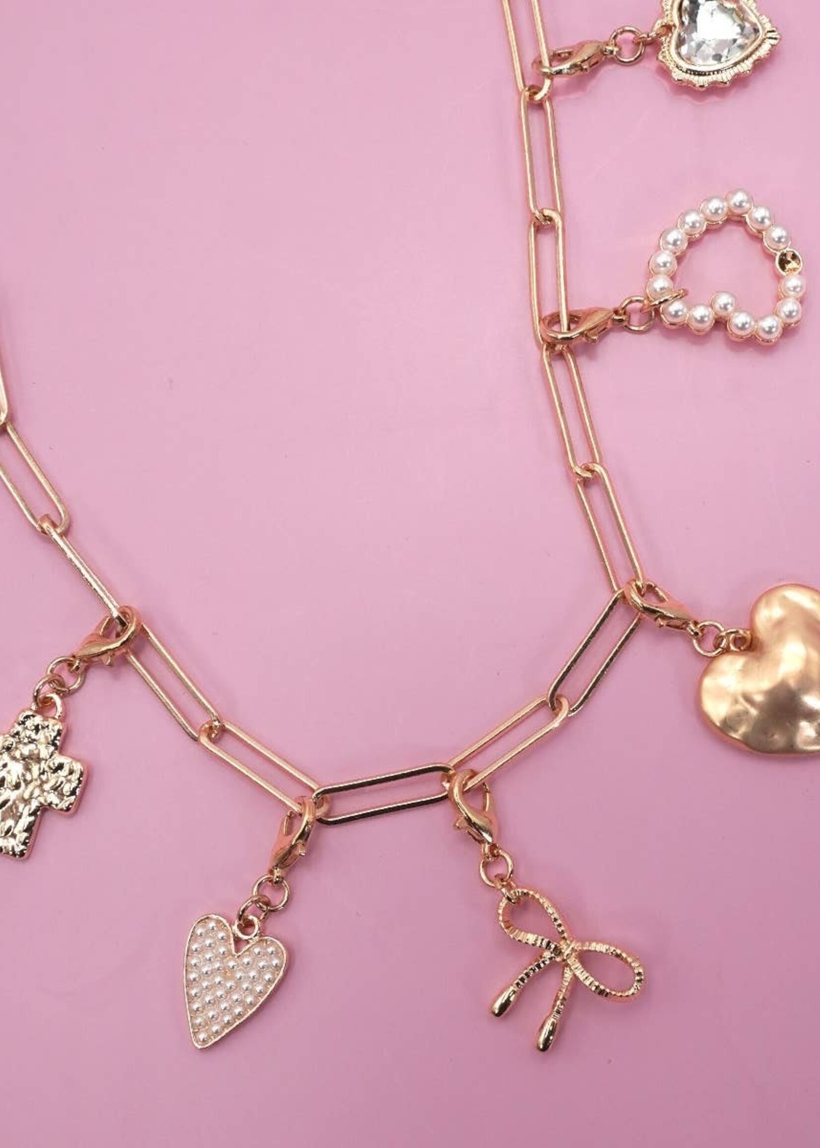 Bow Heart Pearl Charm Necklace