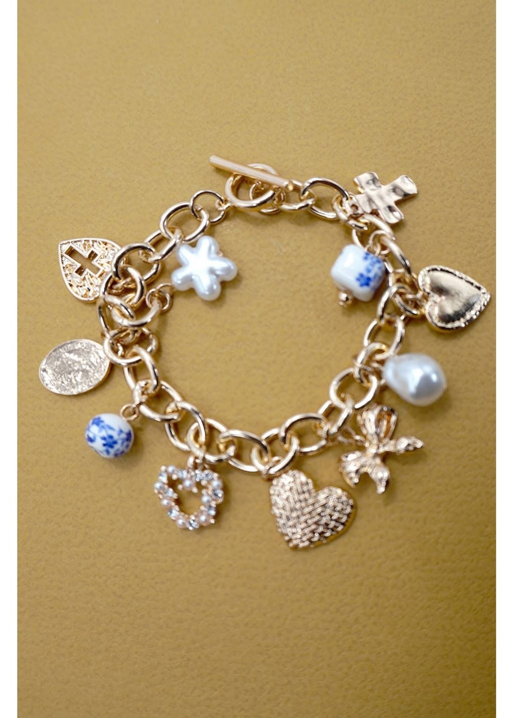 Emmy Ceramic Porcelain Heart Bow Pearl Charm Bracelet