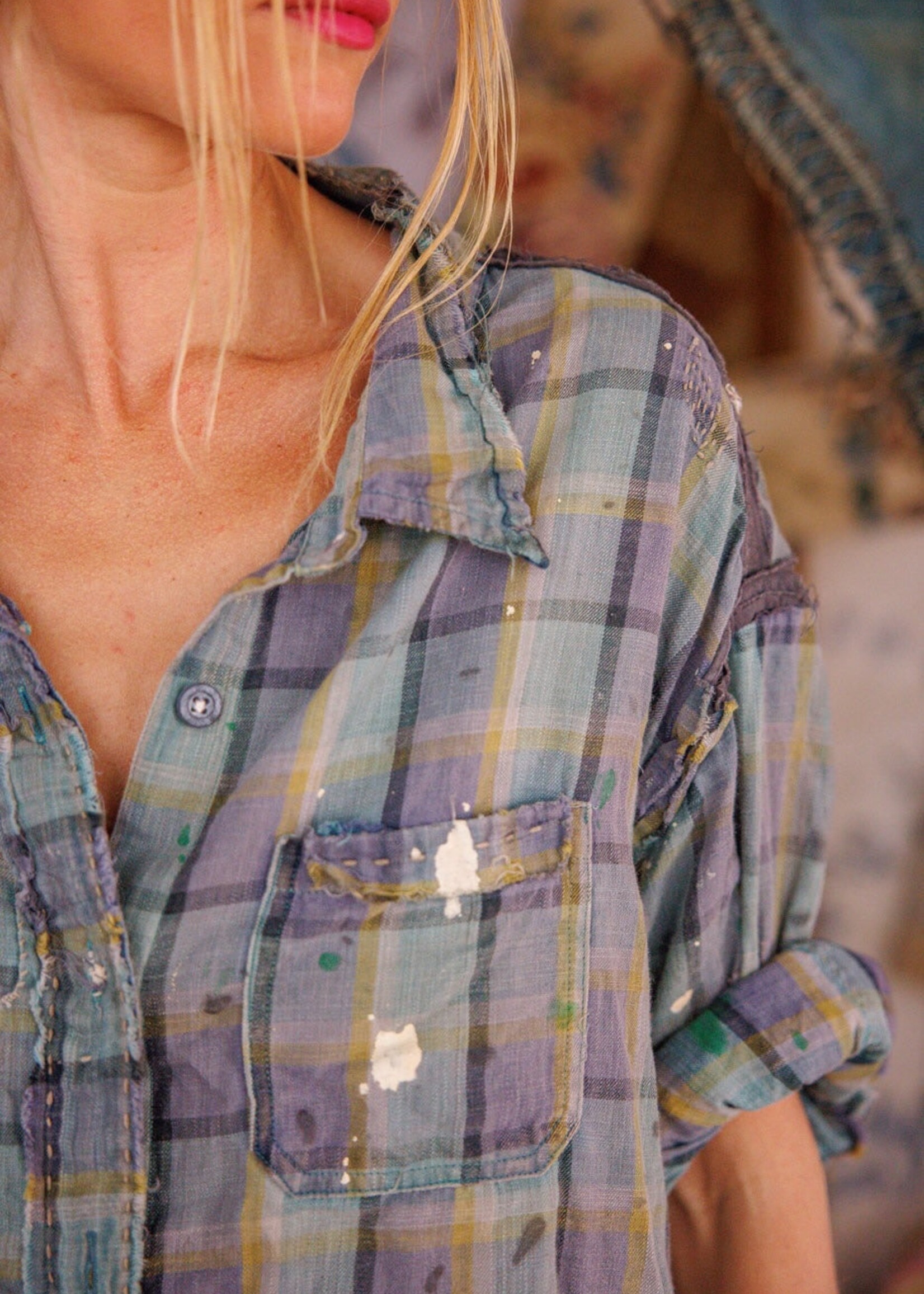 Magnolia Pearl Check Adison Workshirt Top 1391 Wave