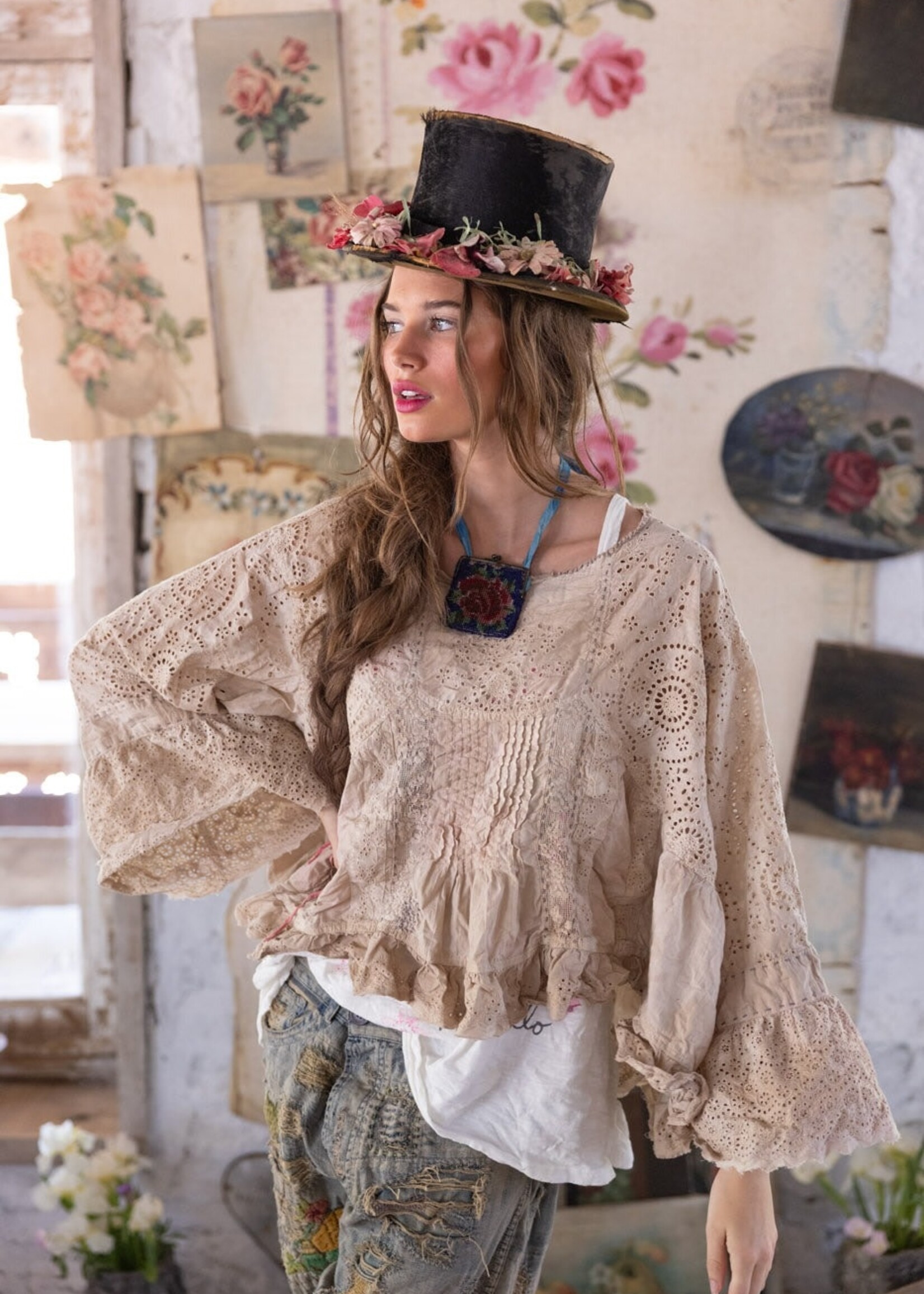 Magnolia Pearl Eyelet Dea Blouse Top 2212 Swan One Size