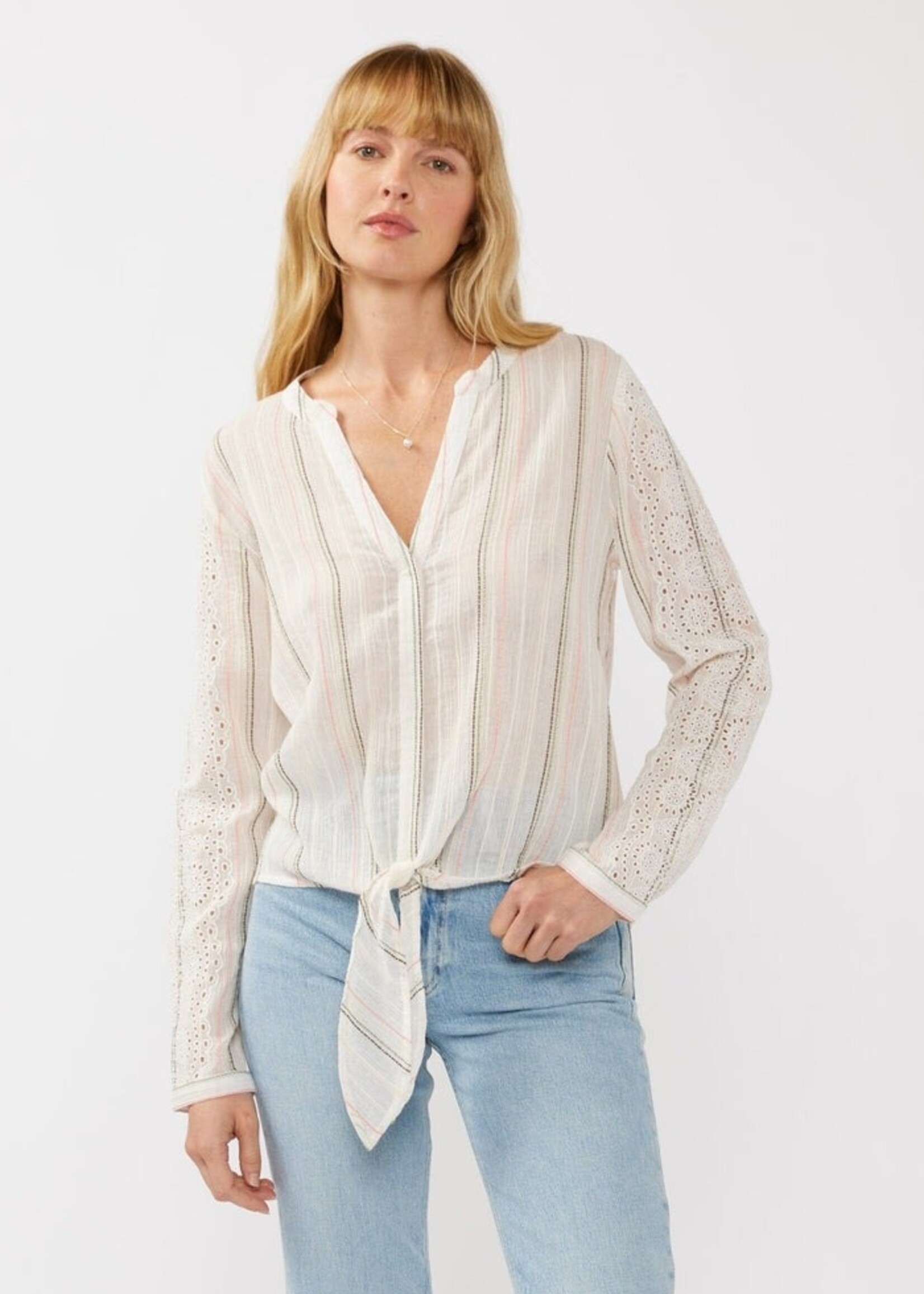 Stripe Tie Front Blouse Coral