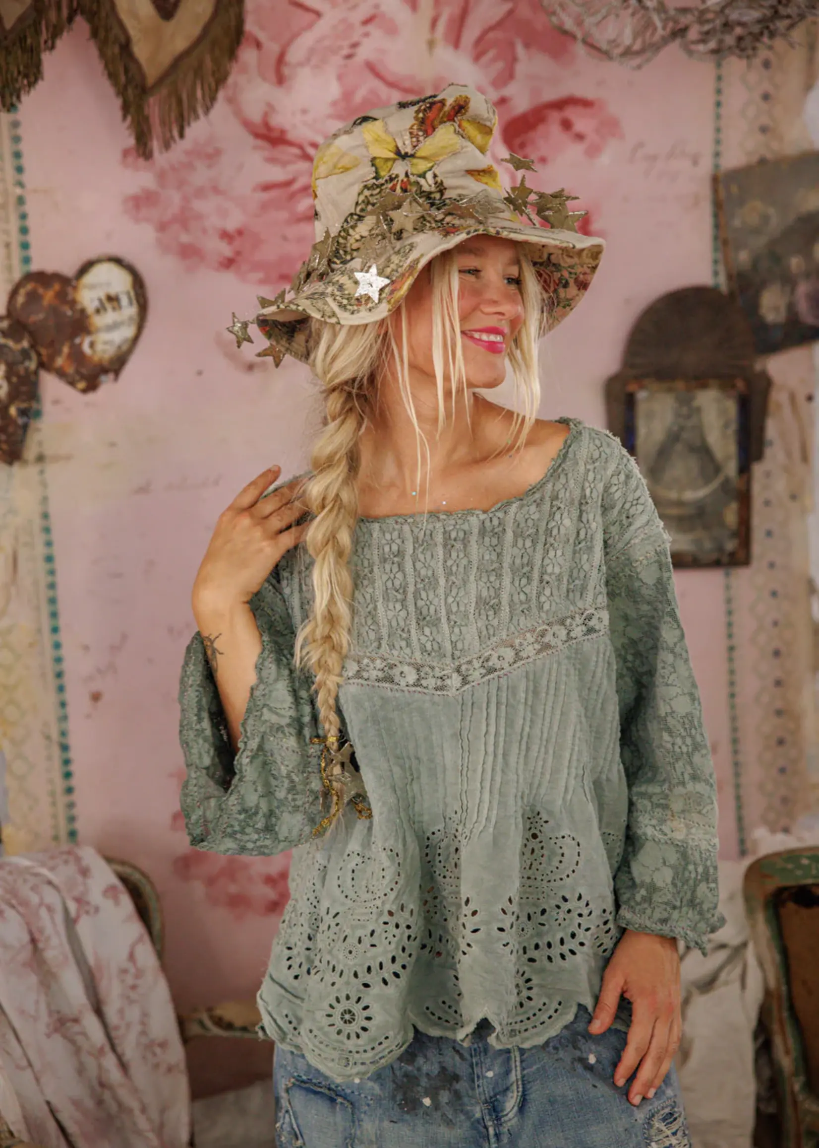 Magnolia Pearl Crochet Jodi Blouse Top 2320 Seafoam Gray One Size