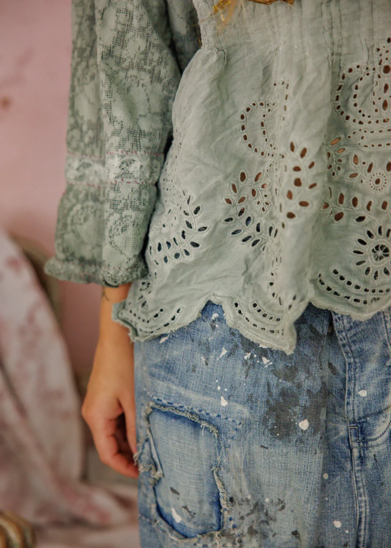 Magnolia Pearl Crochet Jodi Blouse Top 2320 Seafoam Gray One Size