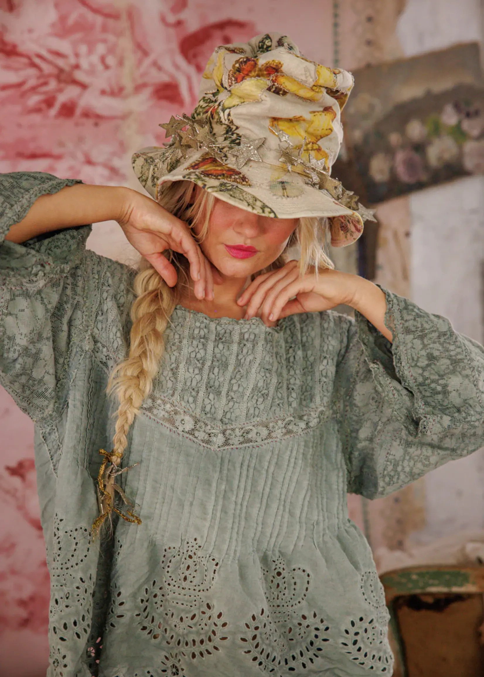 Magnolia Pearl Crochet Jodi Blouse Top 2320 Seafoam Gray One Size