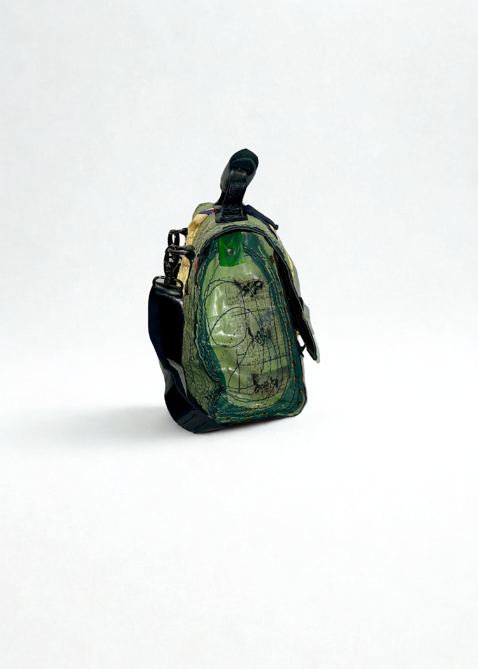 Recycled Leather School Bag w/strap - Mint Multi
