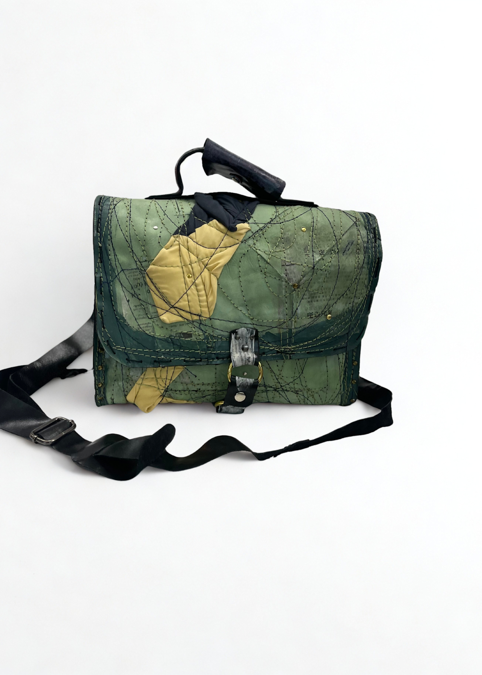 Recycled Leather School Bag w/strap - Mint Multi