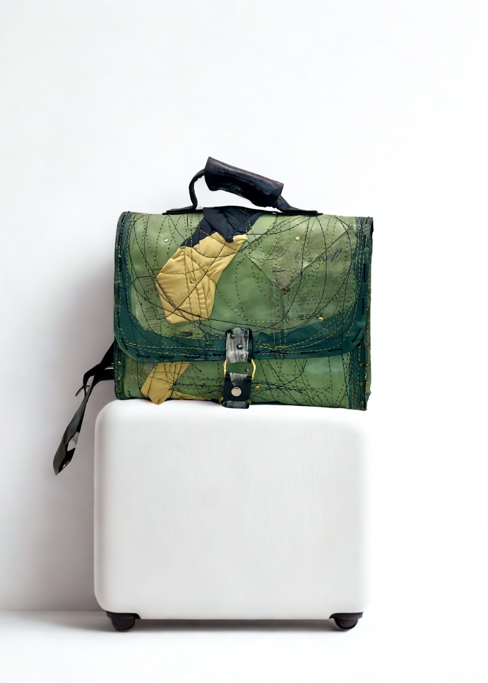 Recycled Leather School Bag w/strap - Mint Multi