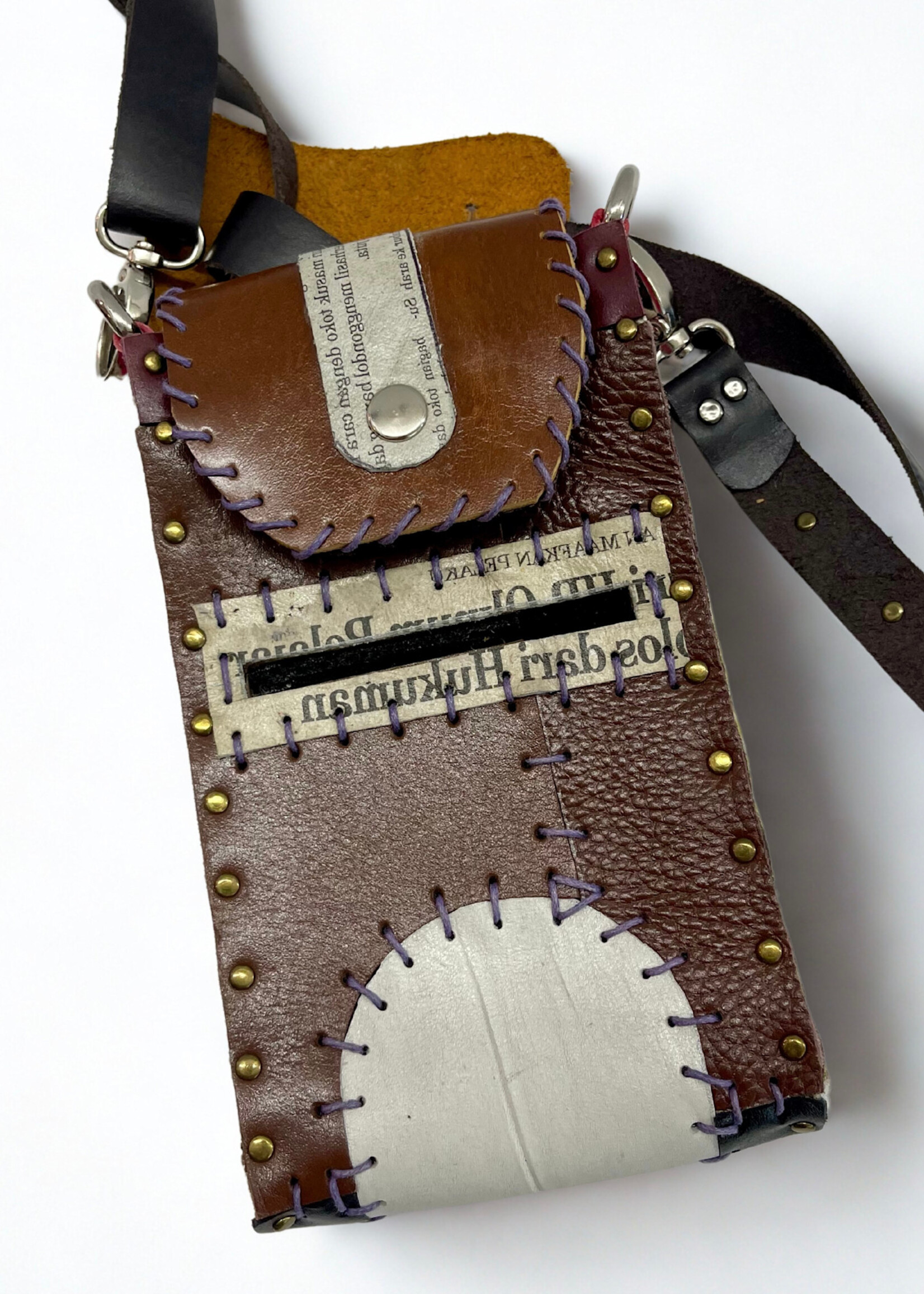 Recycled Leather Crossbody Cell Phone - Brown Multi