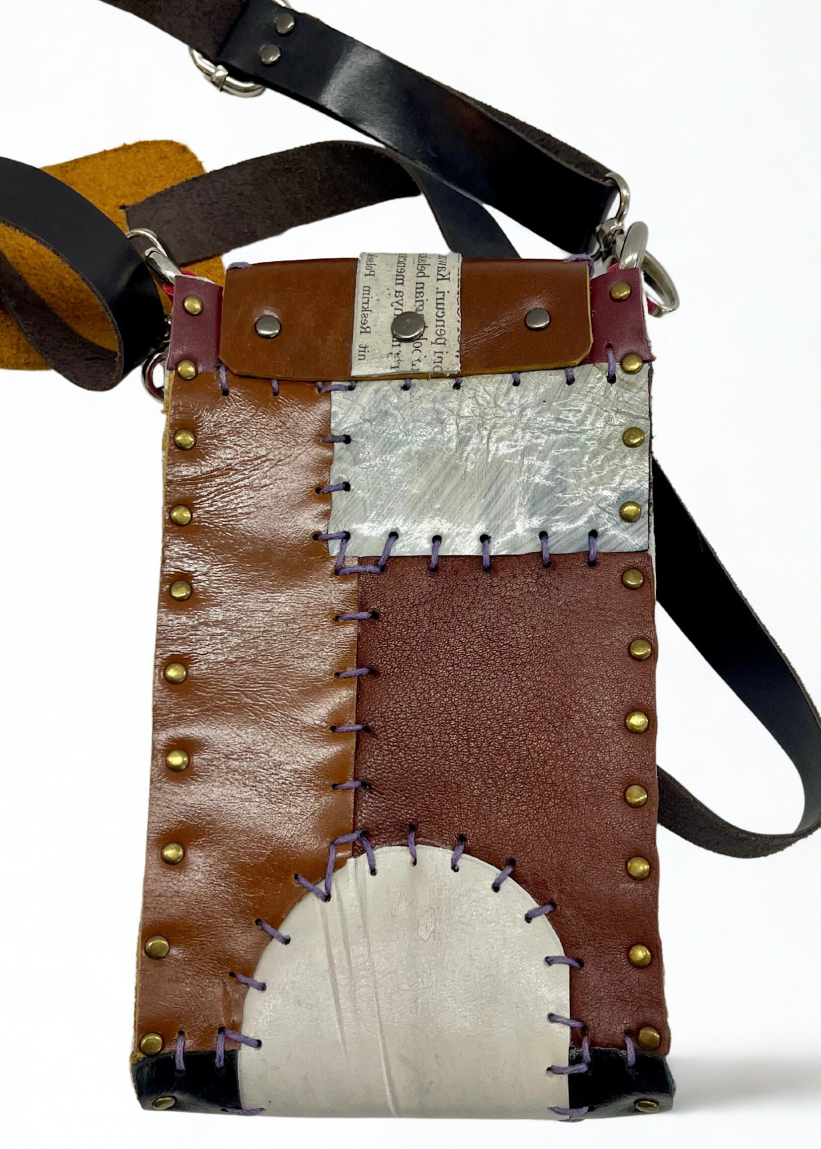 Recycled Leather Crossbody Cell Phone - Brown Multi