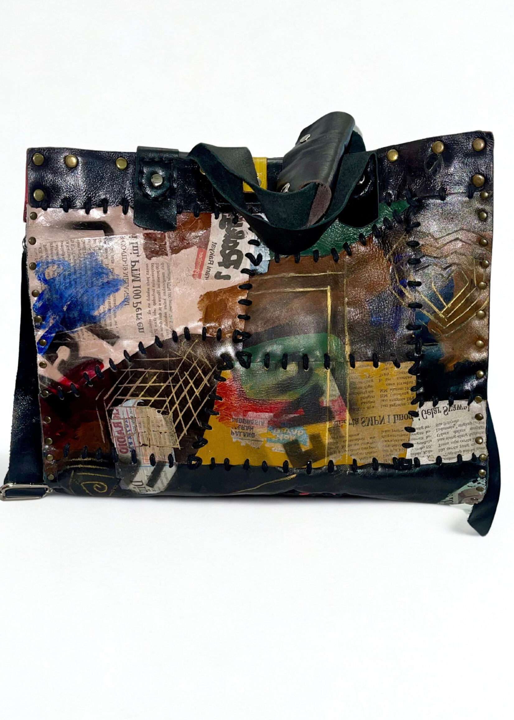 Recycled Leather Crossbody Tote - Black Multi
