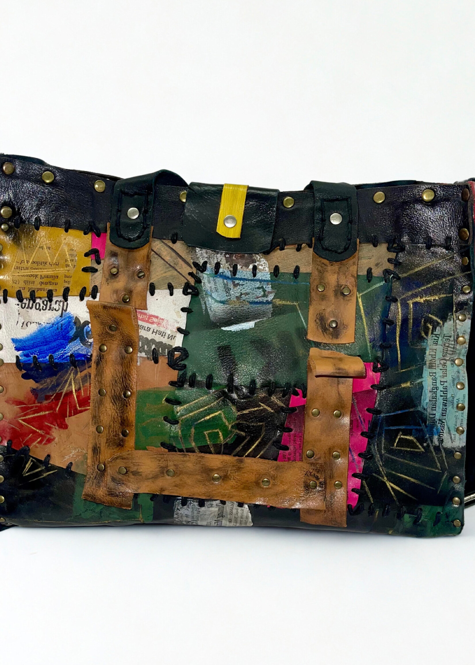 Recycled Leather Crossbody Tote - Black Multi