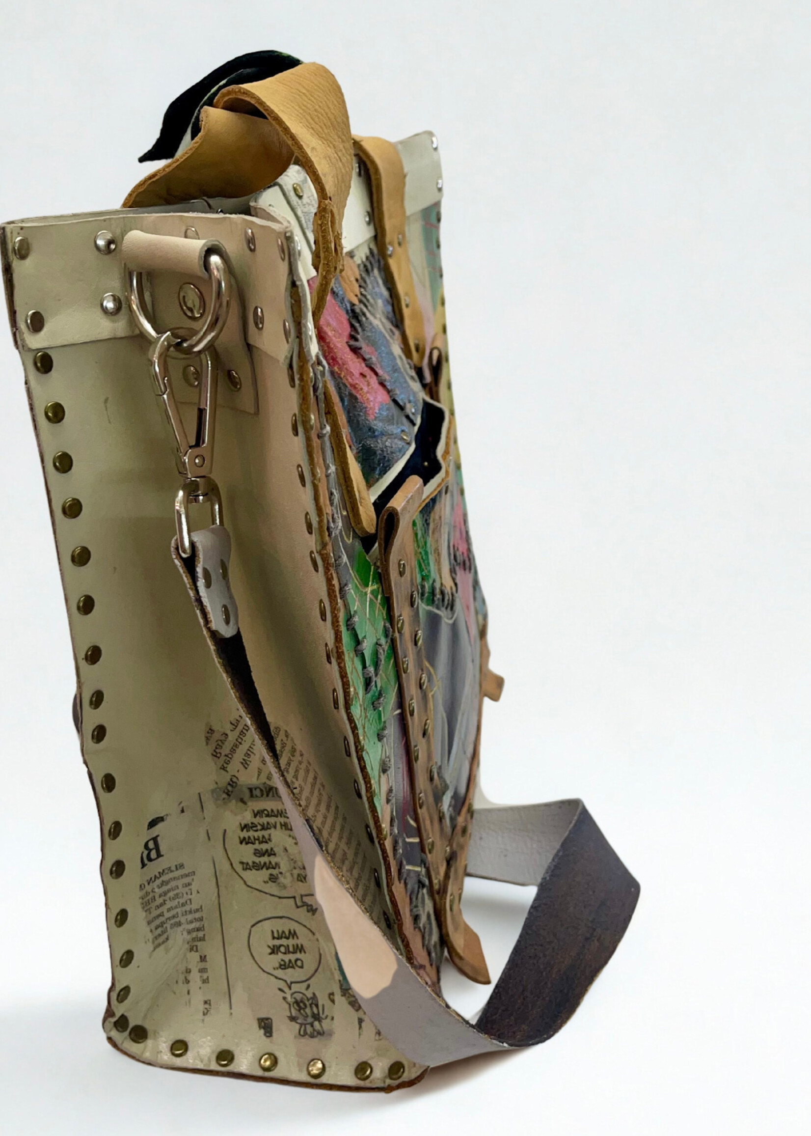 Recycled Leather Crossbody Tote - Forest Multi