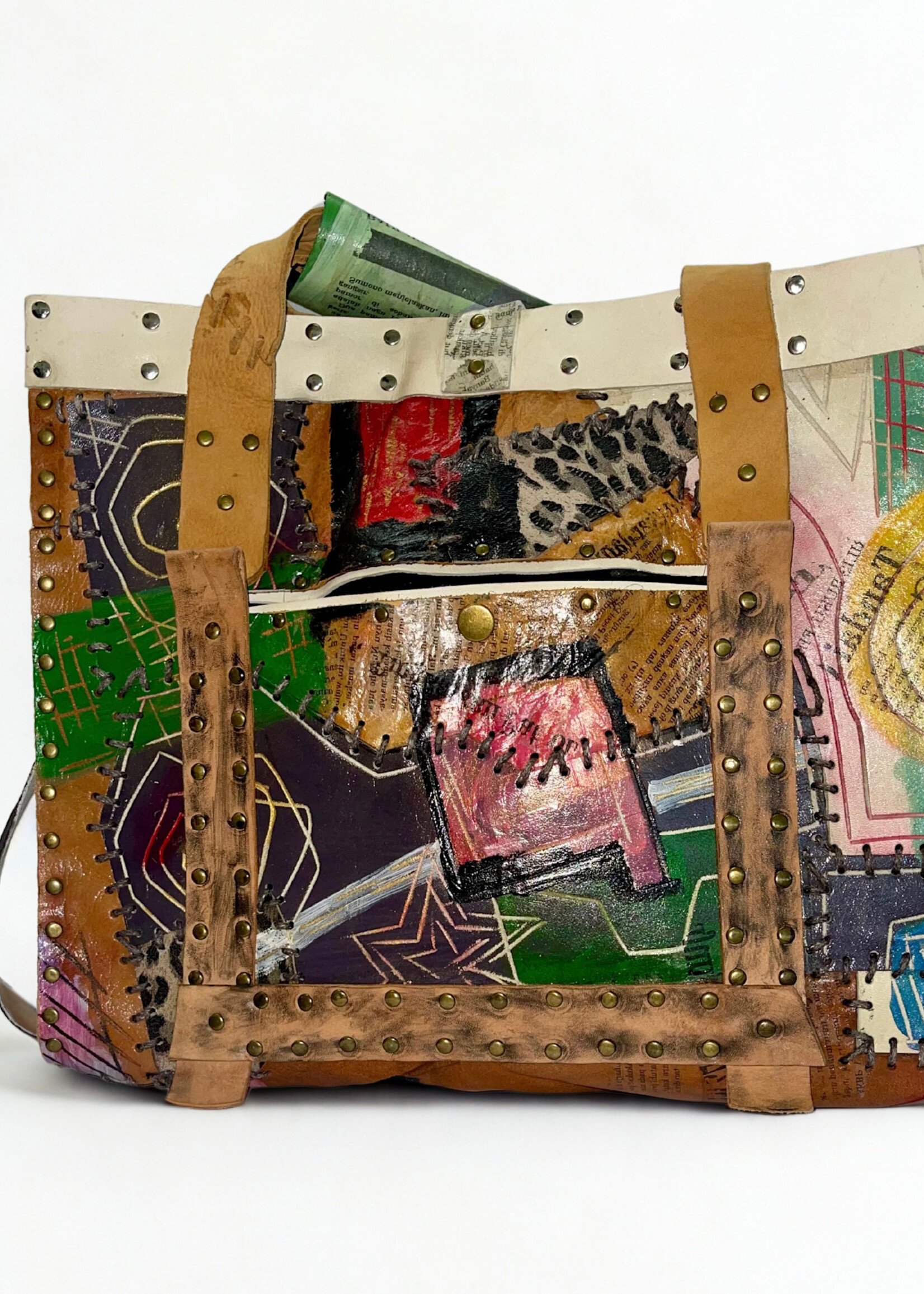 Jianhui London Recycled Leather Patchwork Tote Bag – Hand-Painted Statement Handbag