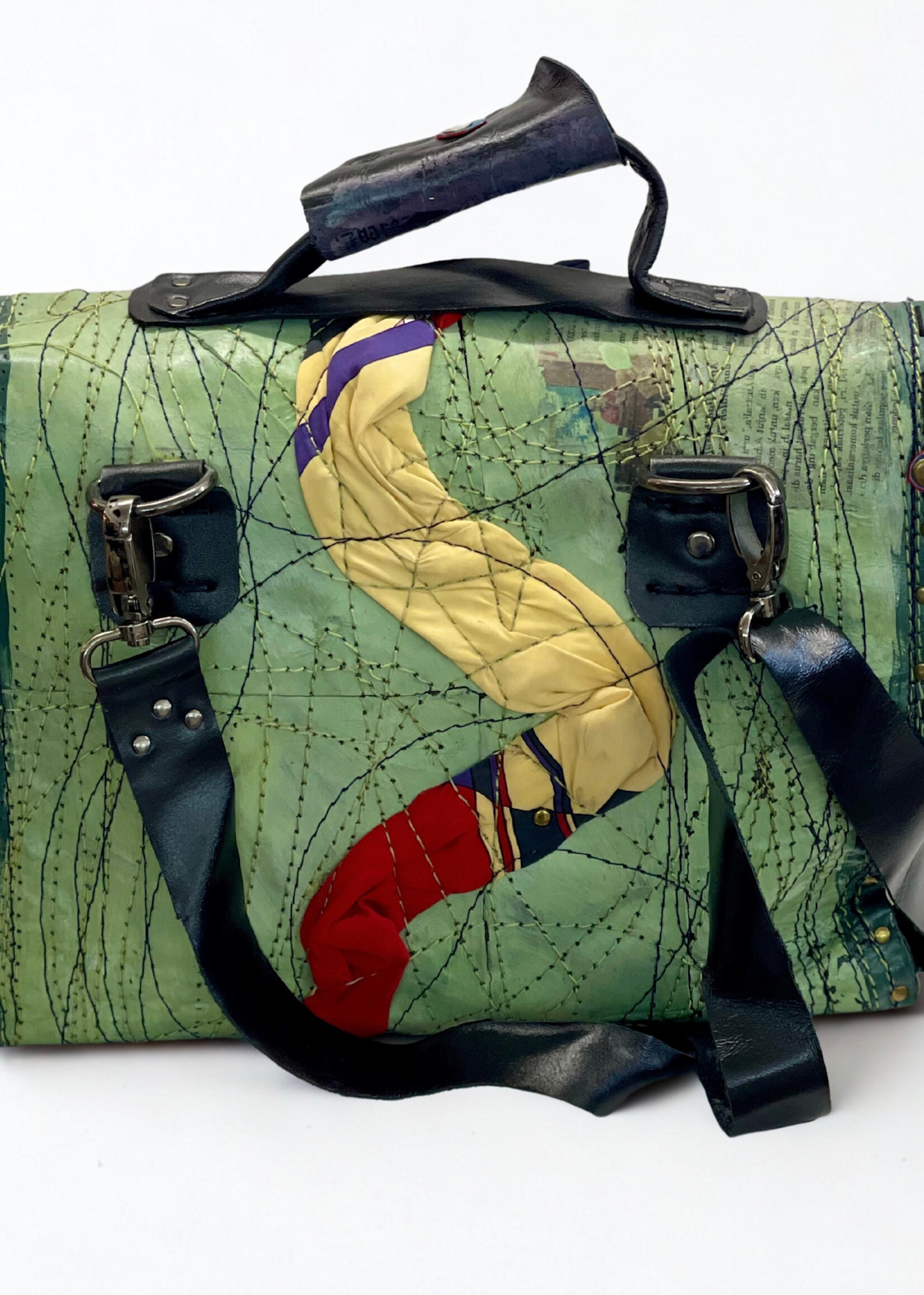Recycled Leather School Bag w/strap - Mint Multi