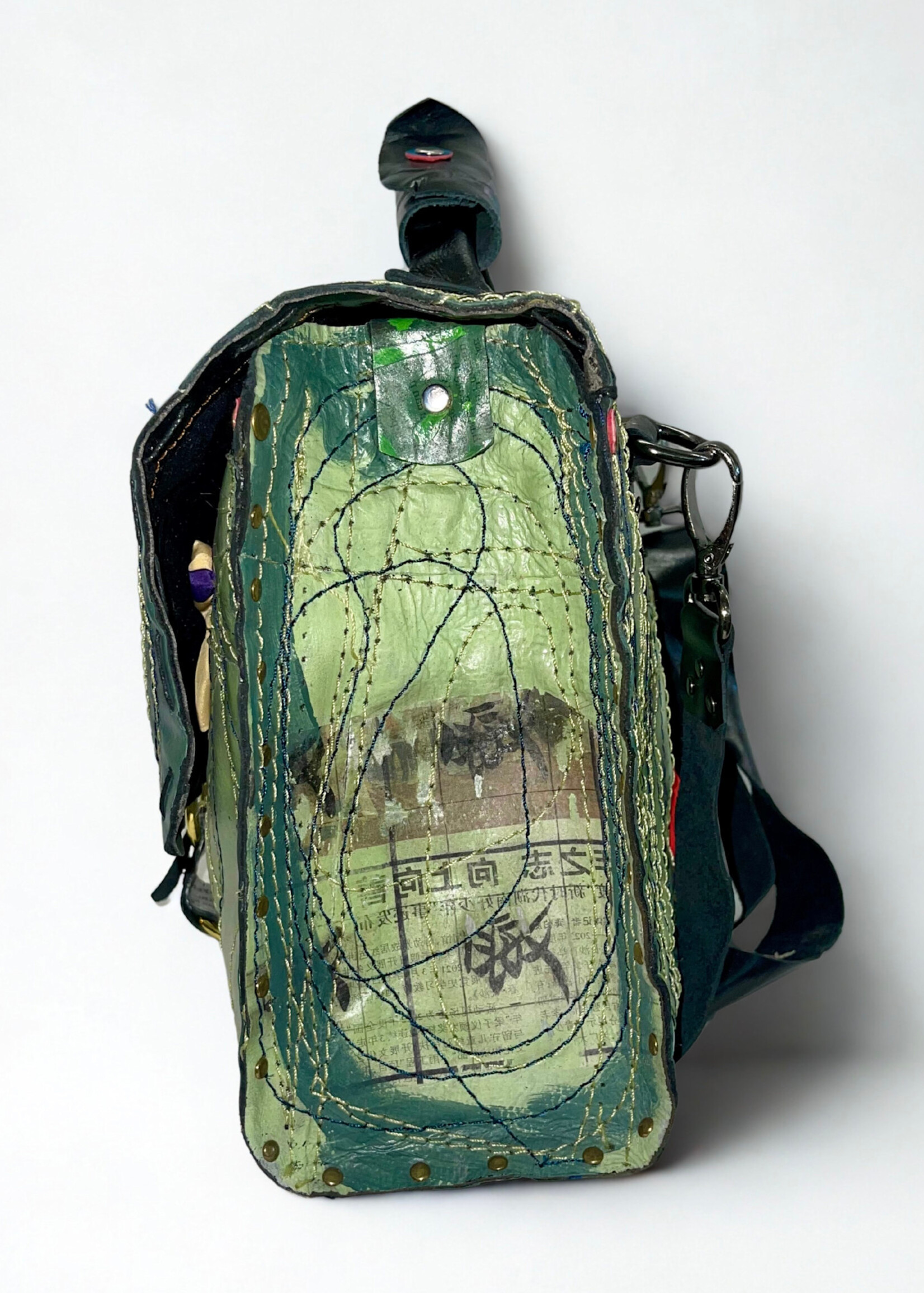 Recycled Leather School Bag w/strap - Mint Multi