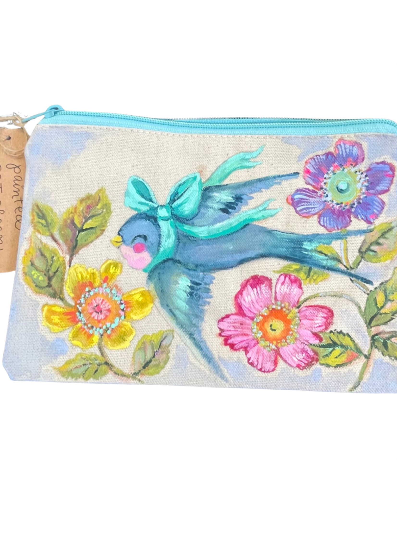 Bluebird Handpainted Canvas Zipper Bag Medium