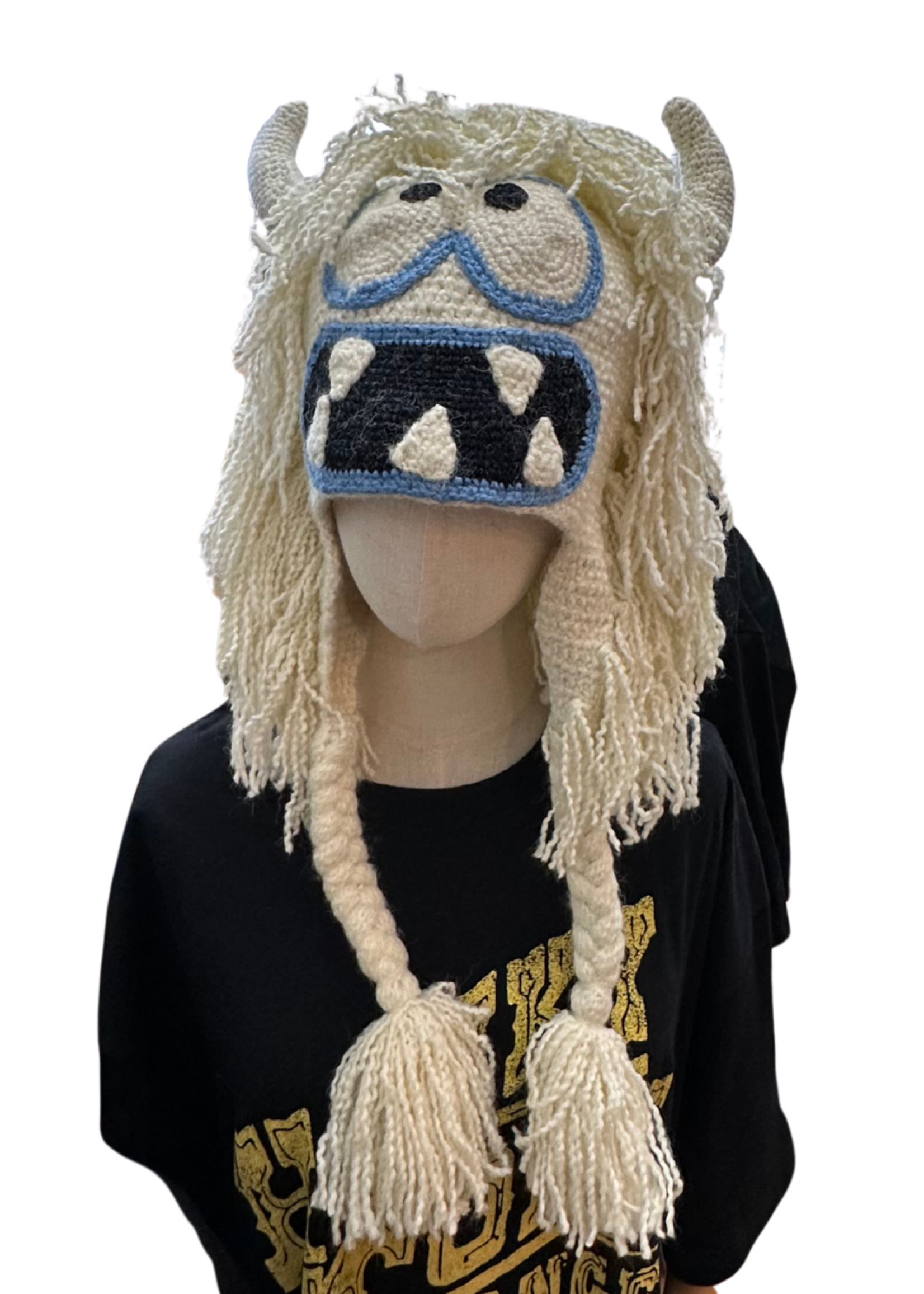 Peruvian Trading Company Yeti Silly Monster Hand Crochet Hat Blue Cream