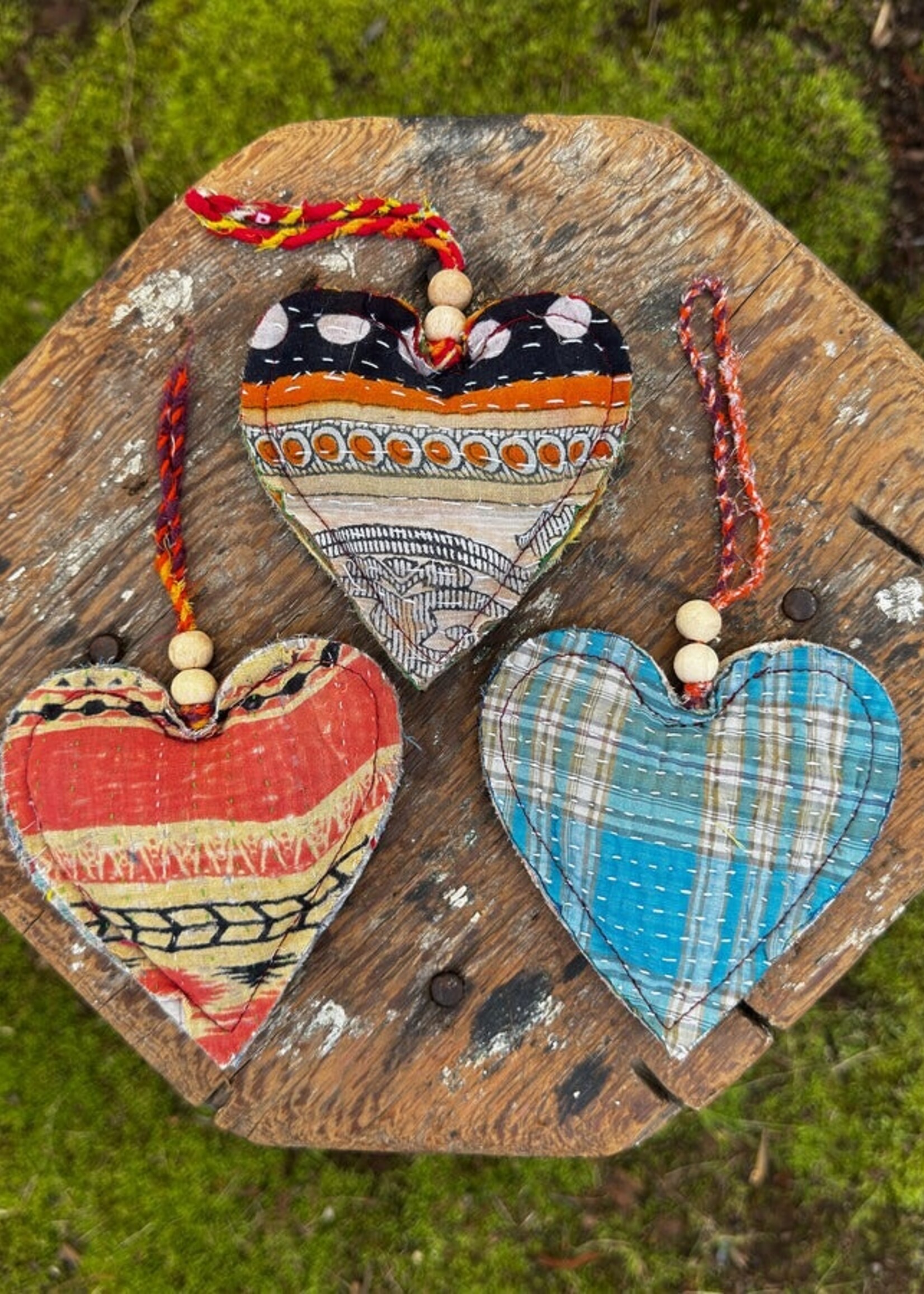 Sugarboo & Co. Kantha Heart Ornament with Wooden Beads