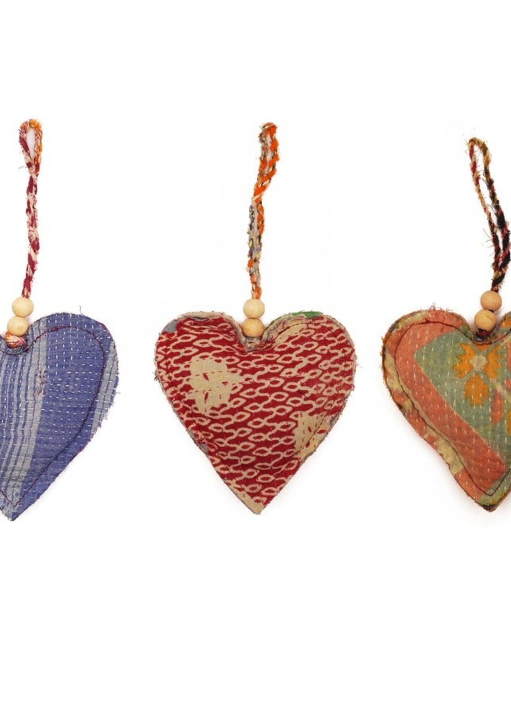 Sugarboo & Co. Kantha Heart Ornament with Wooden Beads