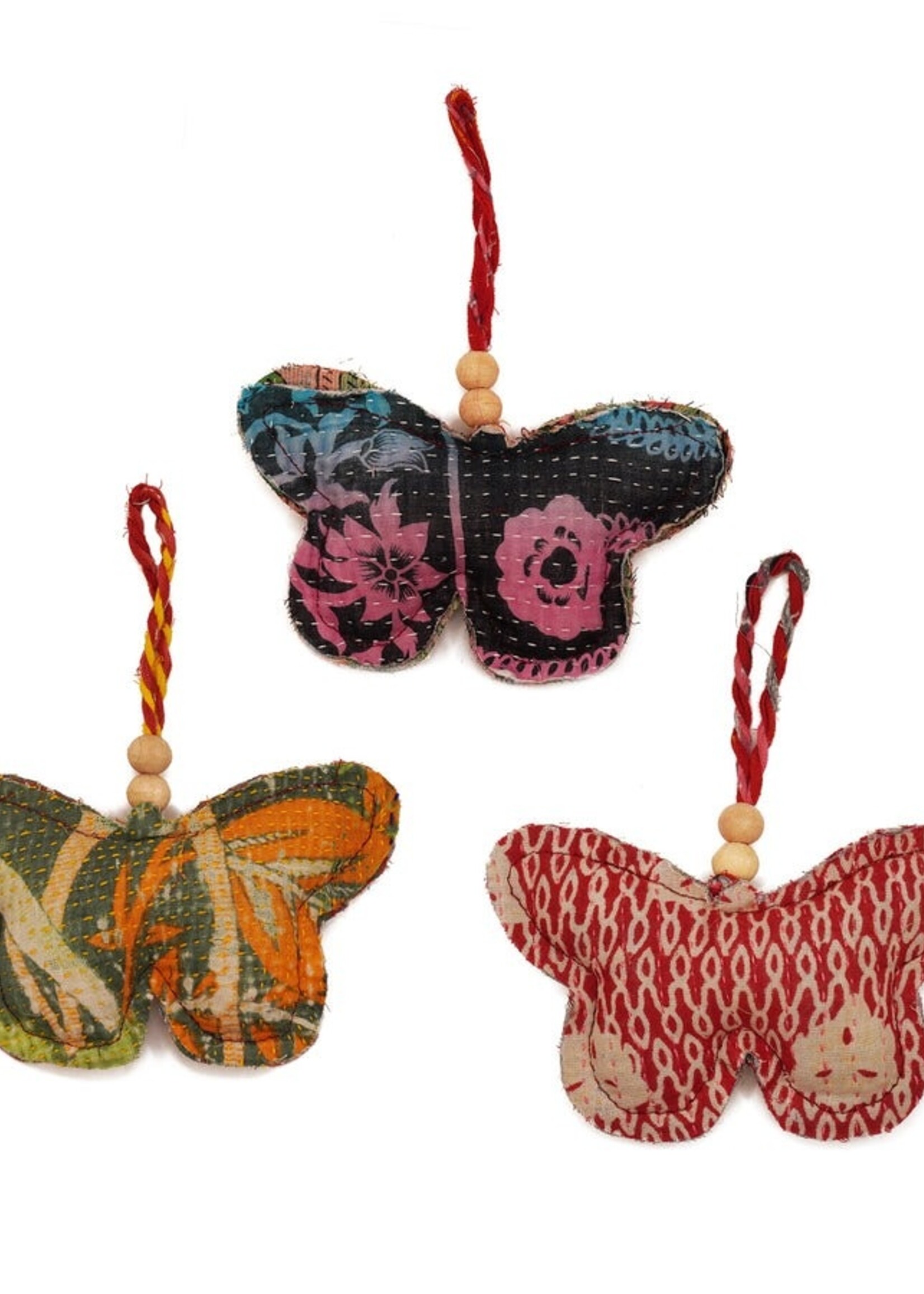 Sugarboo & Co. Kantha Butterfly Ornament with Wooden Beads