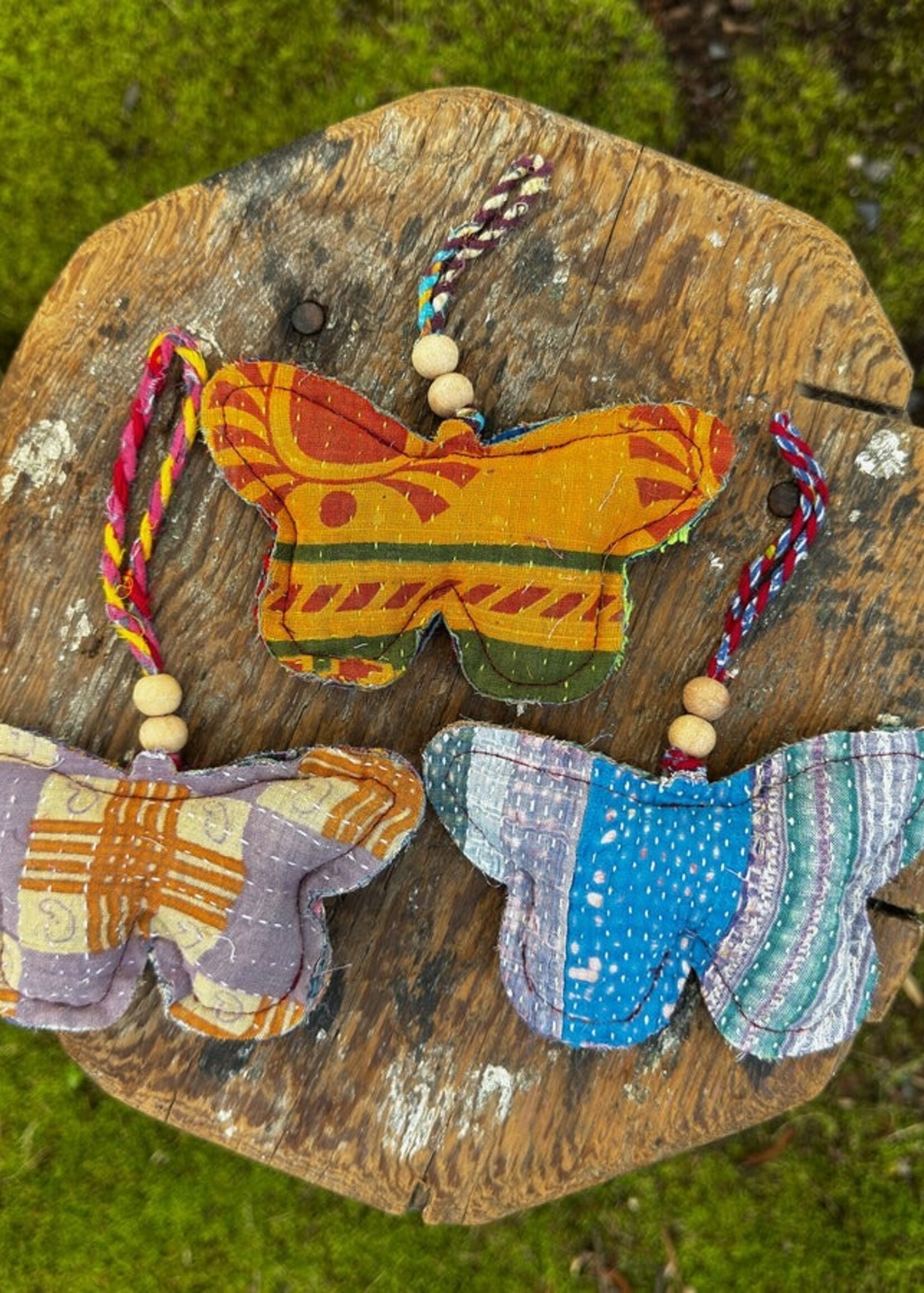 Sugarboo & Co. Kantha Butterfly Ornament with Wooden Beads