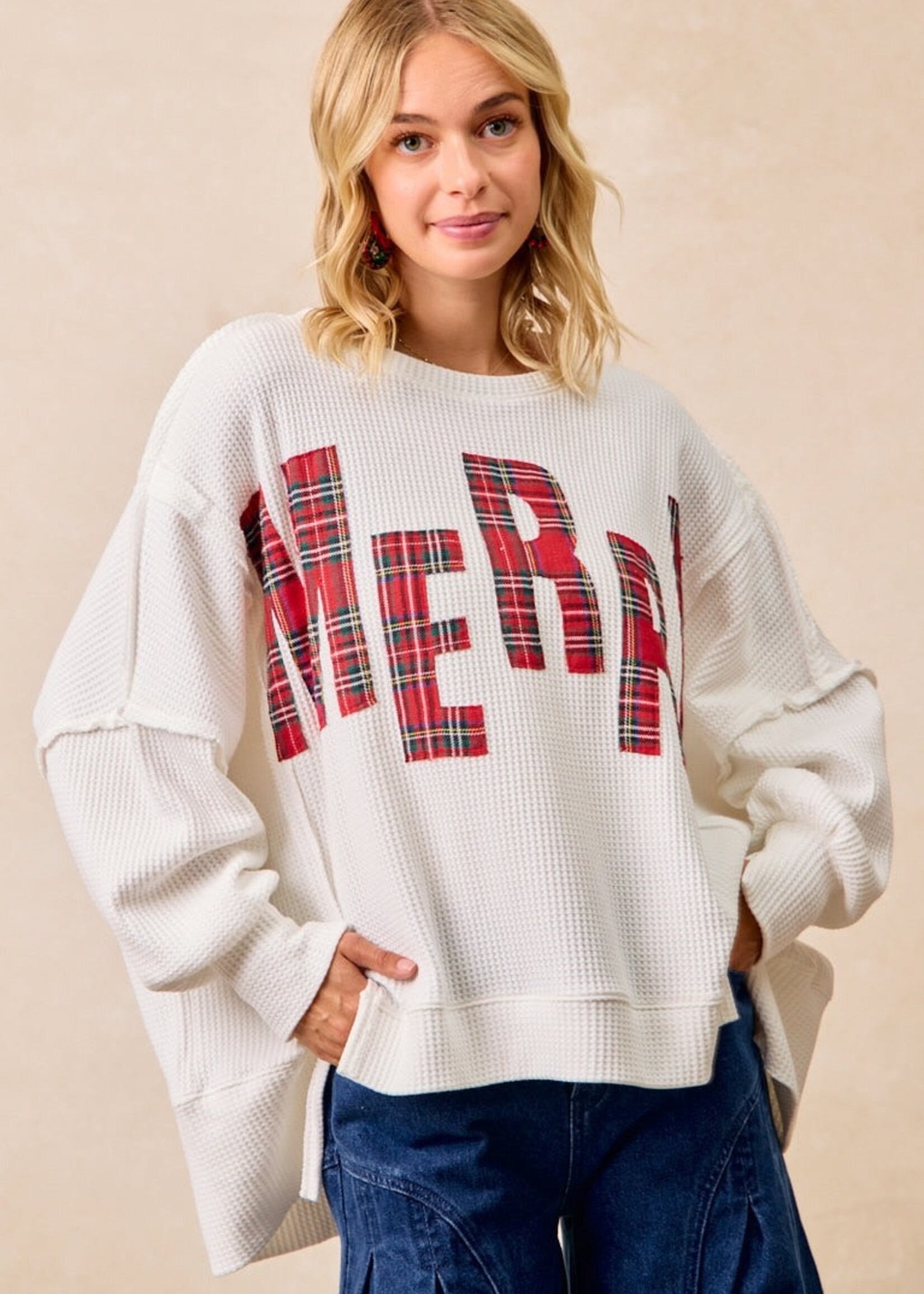 Bibi Merry Waffle Knit Thermal Sweatshirt White w/ Red Plaid