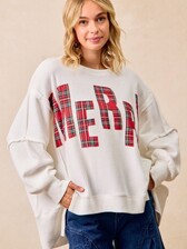 BiBi Merry Waffle Knit Thermal Sweatshirt White w/ Red Plaid - The