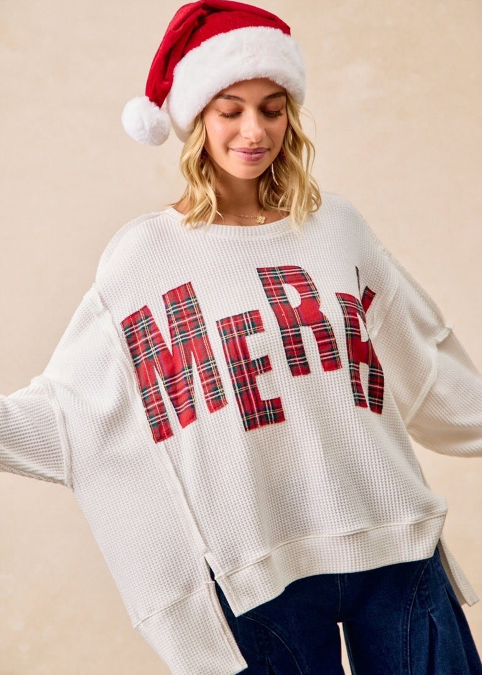 Bibi Merry Waffle Knit Thermal Sweatshirt White w/ Red Plaid