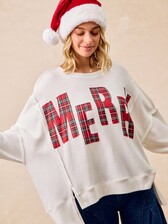 BiBi Merry Waffle Knit Thermal Sweatshirt White w/ Red Plaid - The