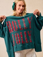 Bibi Holly Jolly Waffle Knit Thermal Sweatshirt Green w/ Red Plaid