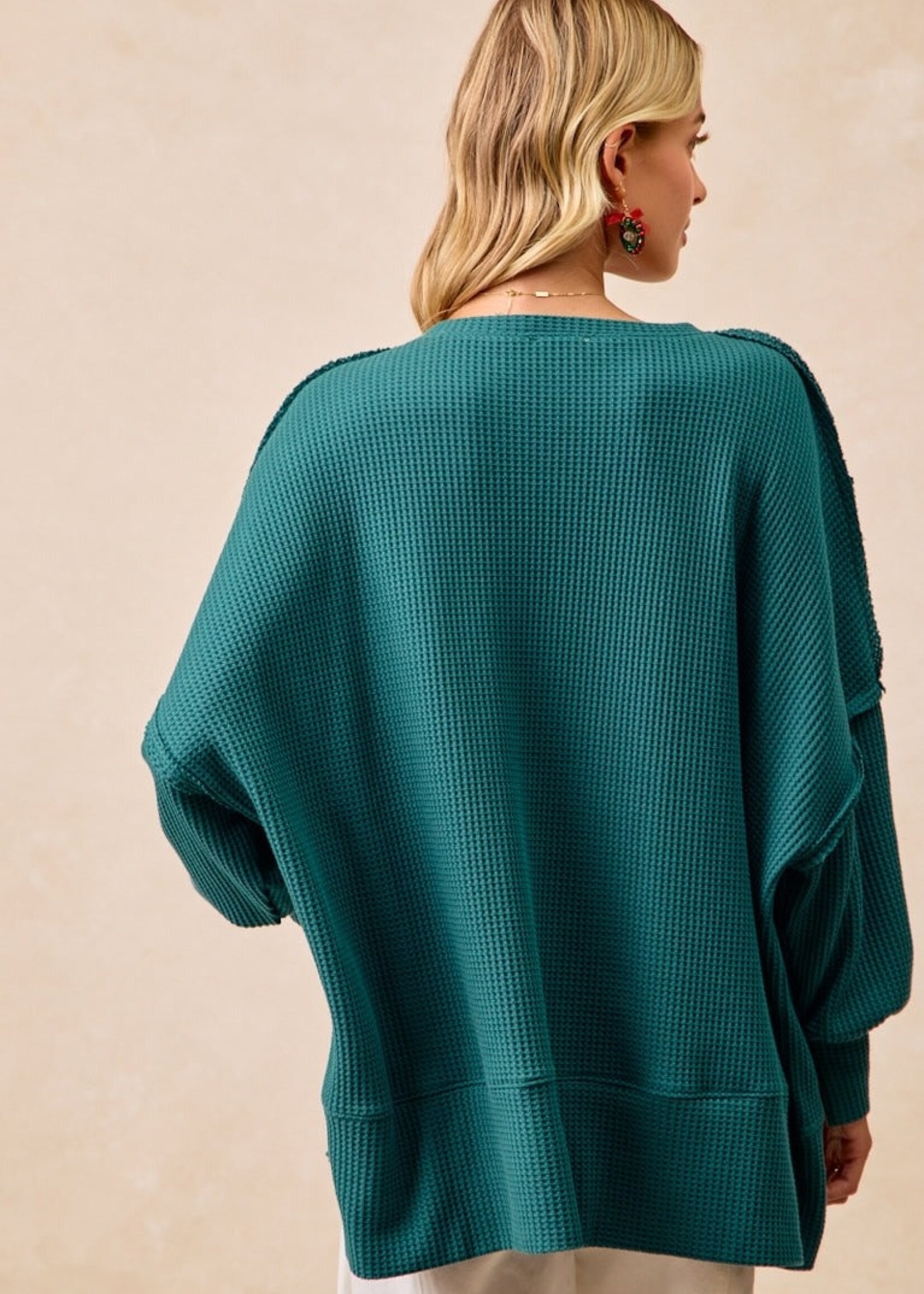 Bibi Holly Jolly Waffle Knit Thermal Sweatshirt Green w/ Red Plaid