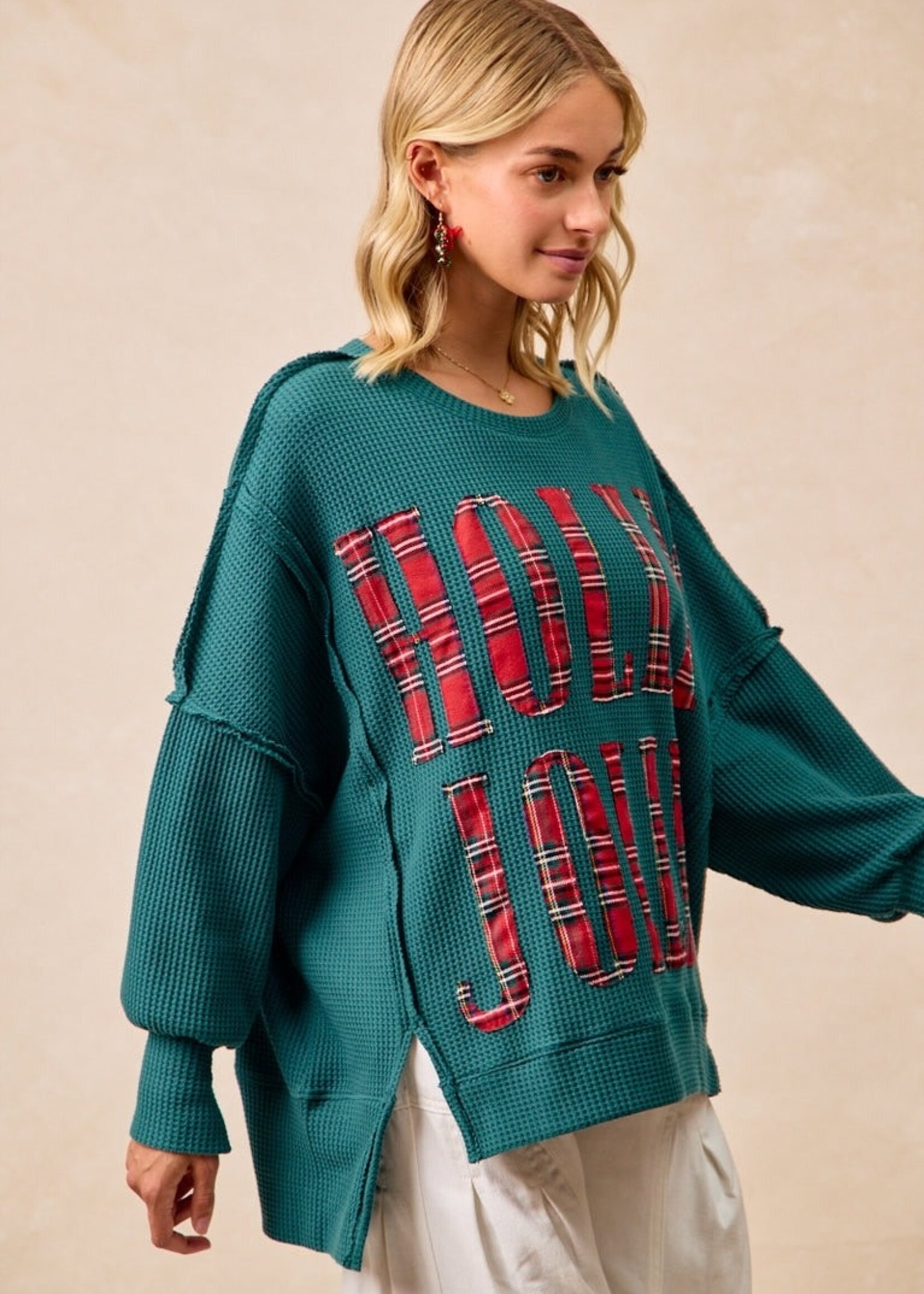 Bibi Holly Jolly Waffle Knit Thermal Sweatshirt Green w/ Red Plaid