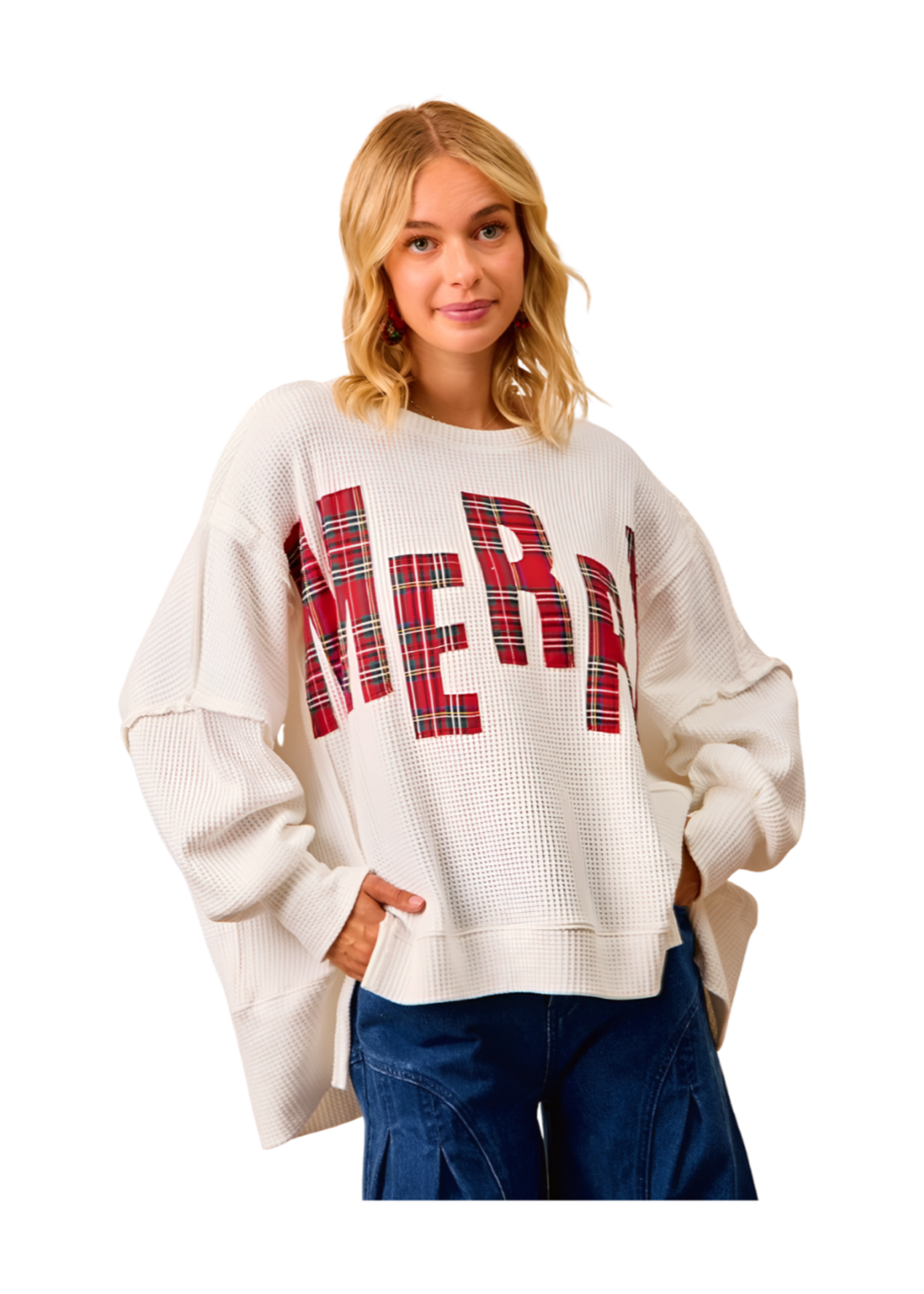 Bibi Merry Waffle Knit Thermal Sweatshirt White w/ Red Plaid