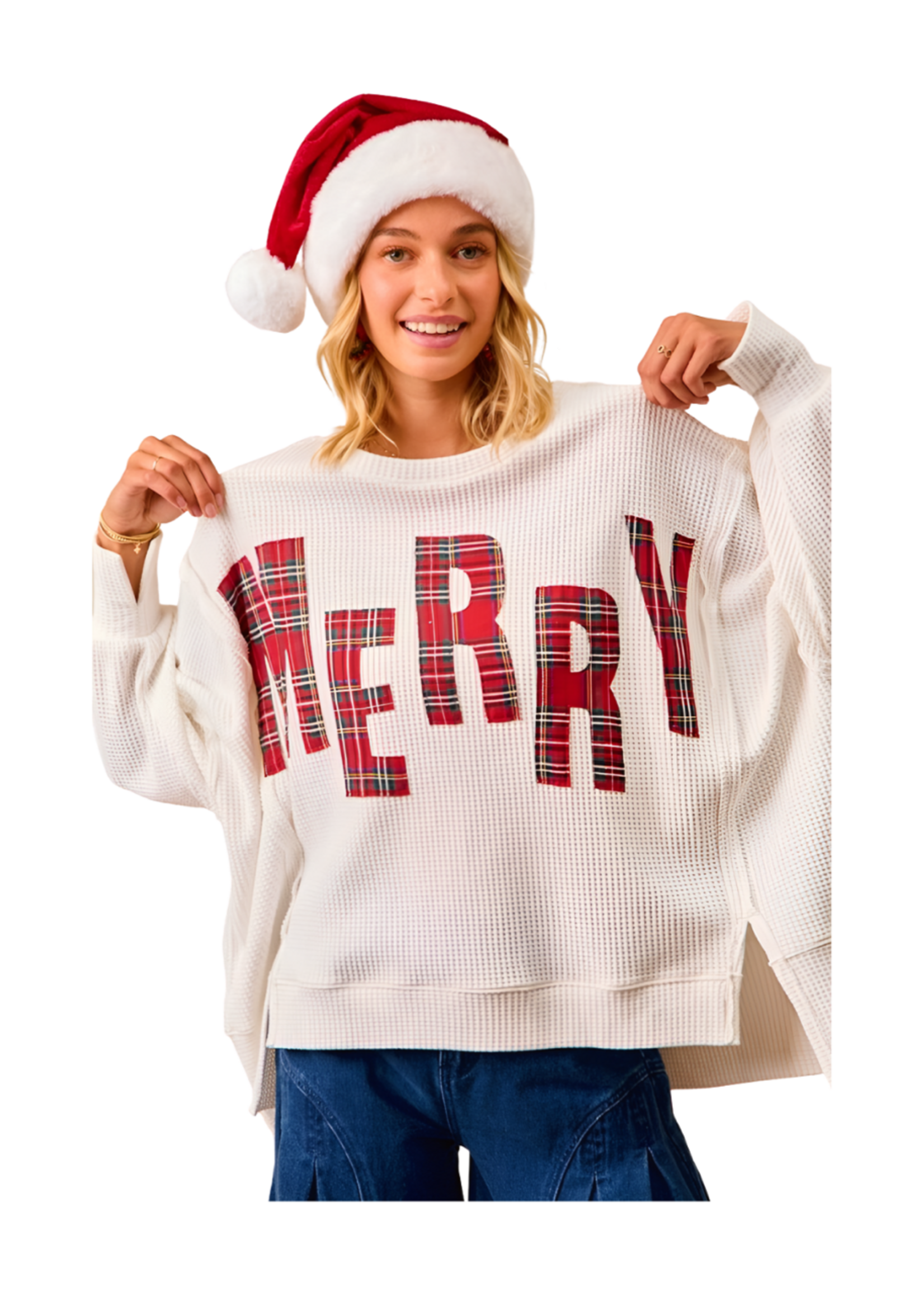 Bibi Merry Waffle Knit Thermal Sweatshirt White w/ Red Plaid