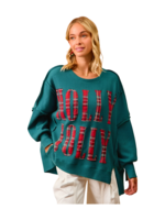 Bibi Holly Jolly Waffle Knit Thermal Sweatshirt Green w/ Red Plaid