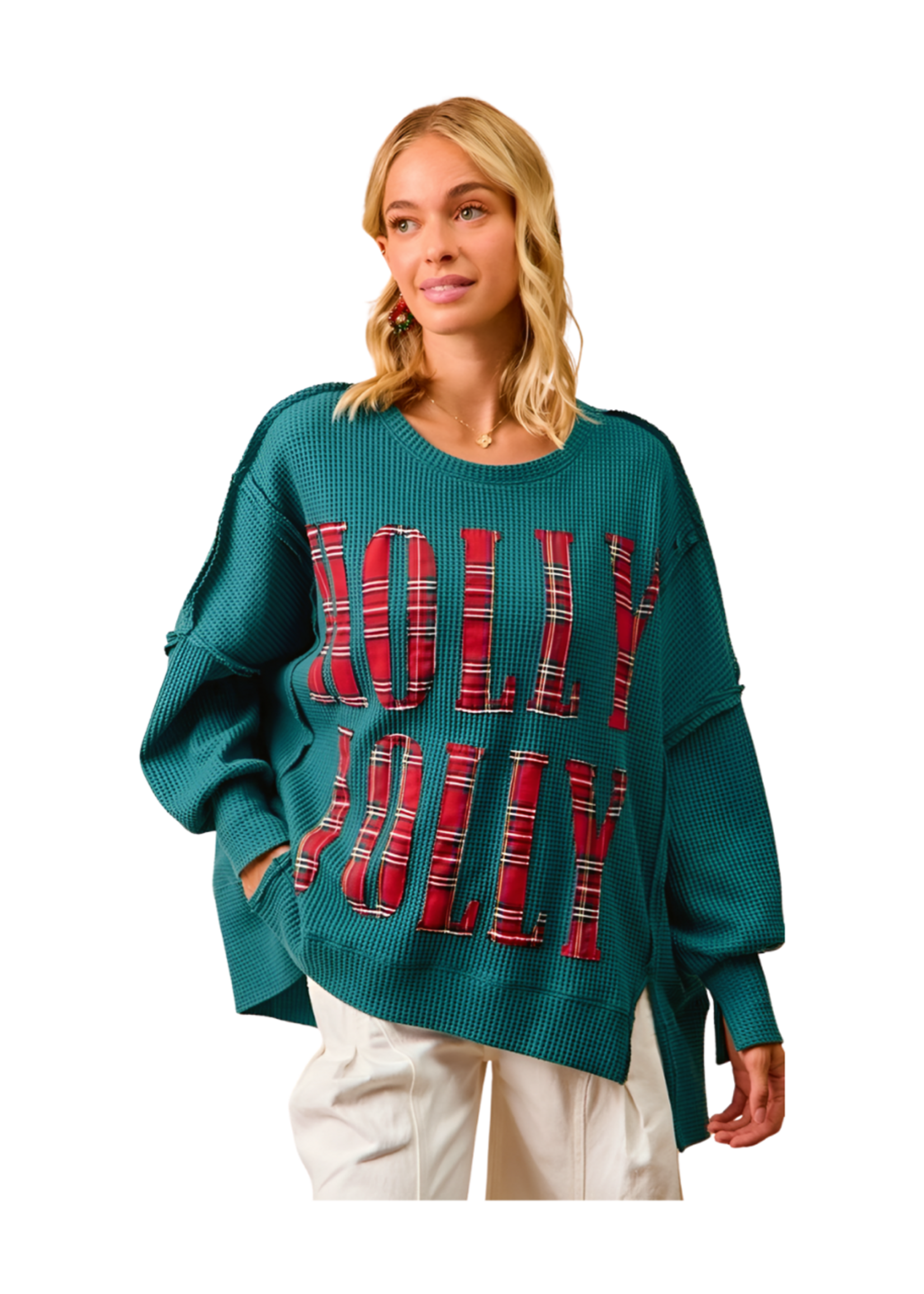 Bibi Holly Jolly Waffle Knit Thermal Sweatshirt Green w/ Red Plaid